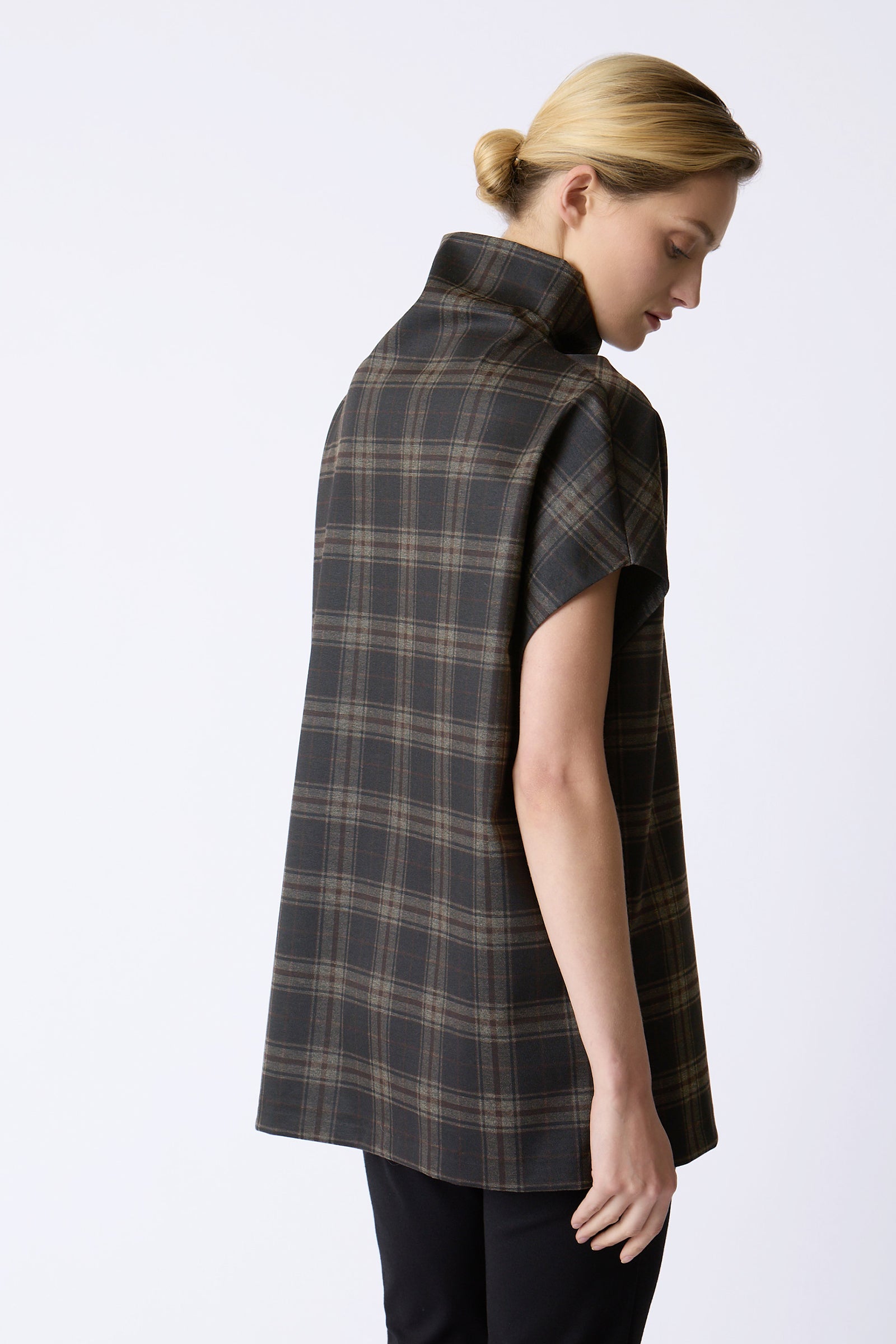 Kal Rieman Plaid Ponte Funnelneck in Brown Plaid on model front view