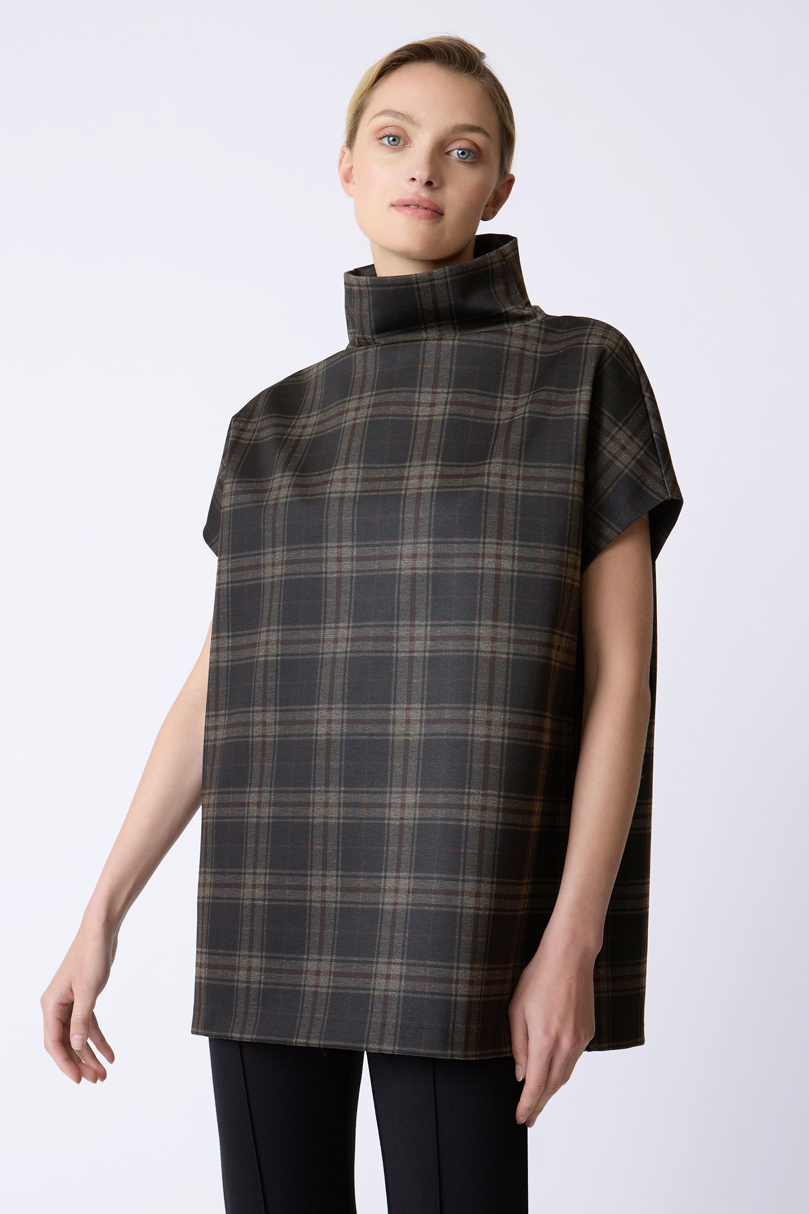 Kal Rieman Plaid Ponte Funnelneck in Brown Plaid on model front view