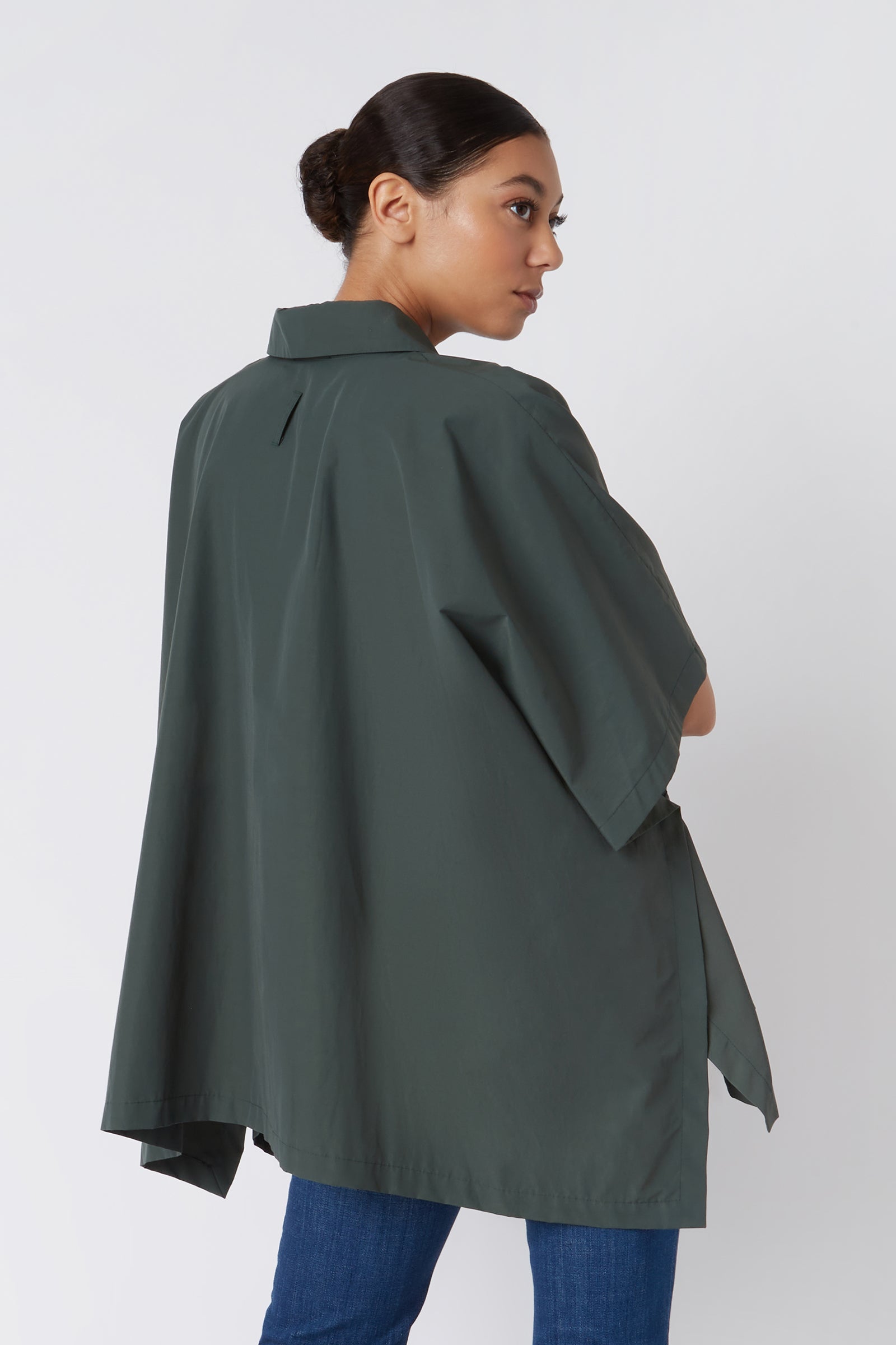 Kal Rieman Pocket Poncho in Loden on Model Cropped Back View