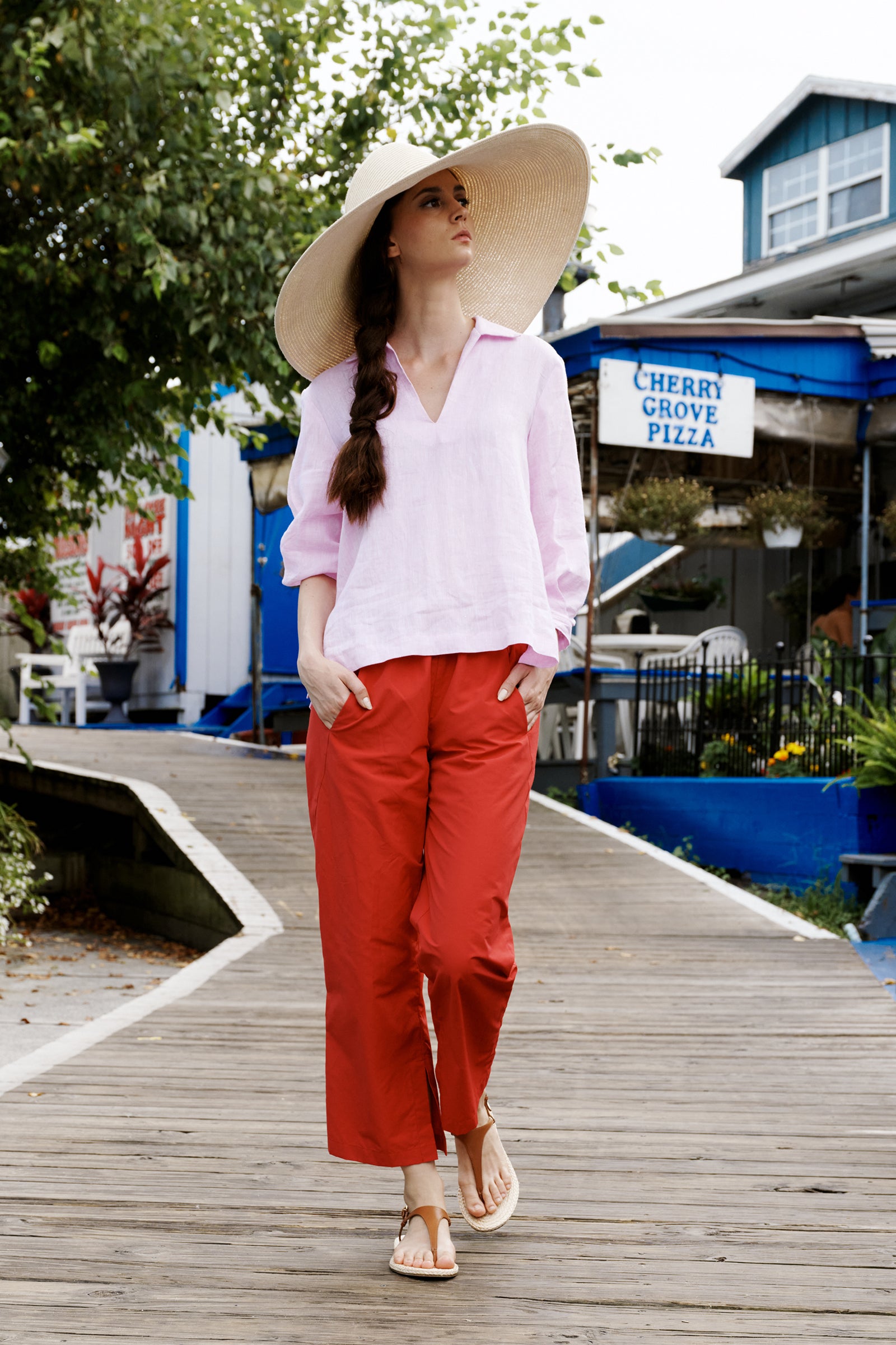 Kal Rieman Split Hem Capri in Red Broadcloth on model lookbook image
