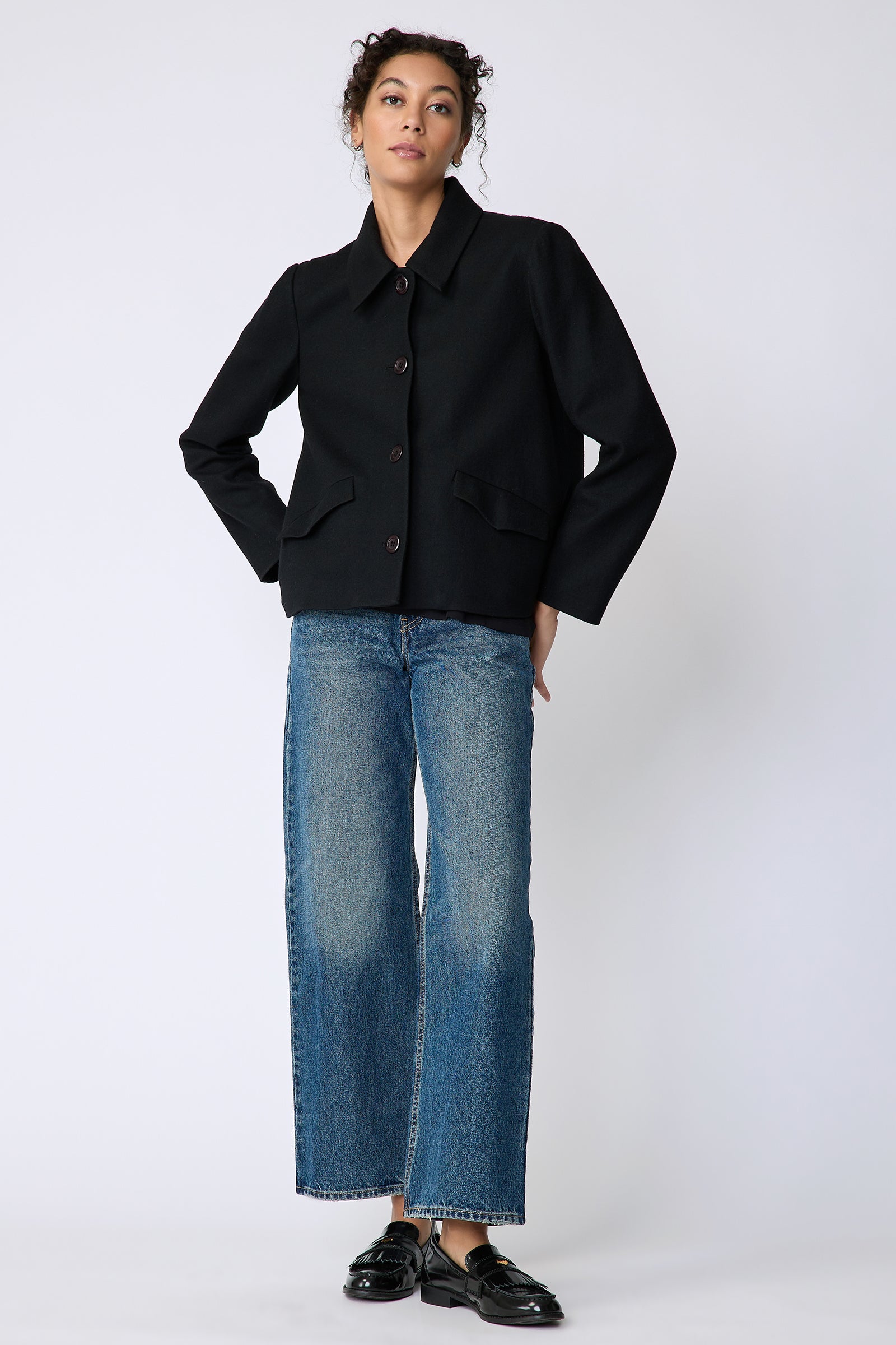 Kal Rieman Sylvie Swing Jacket in black felted jersey on model front view full length