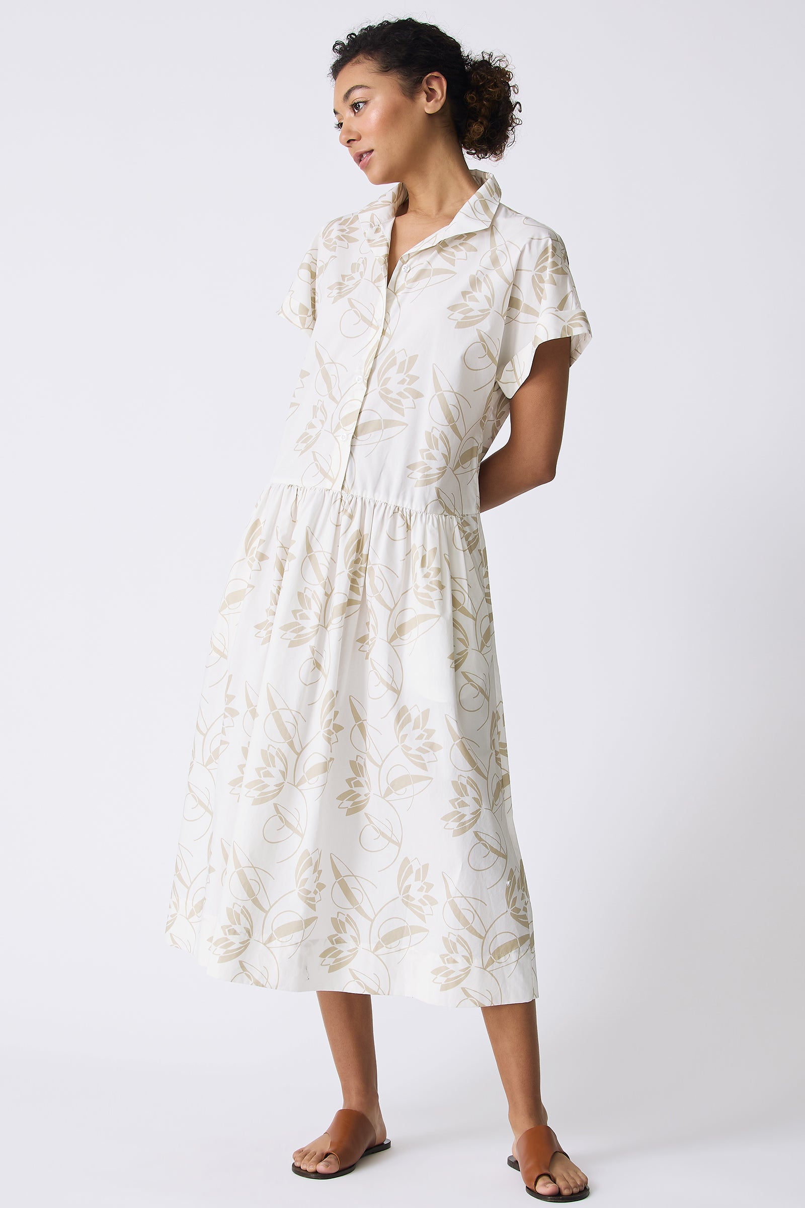 Kal Rieman Tanya Shirt Dress in Lotus Print on model with hands behind back full front view