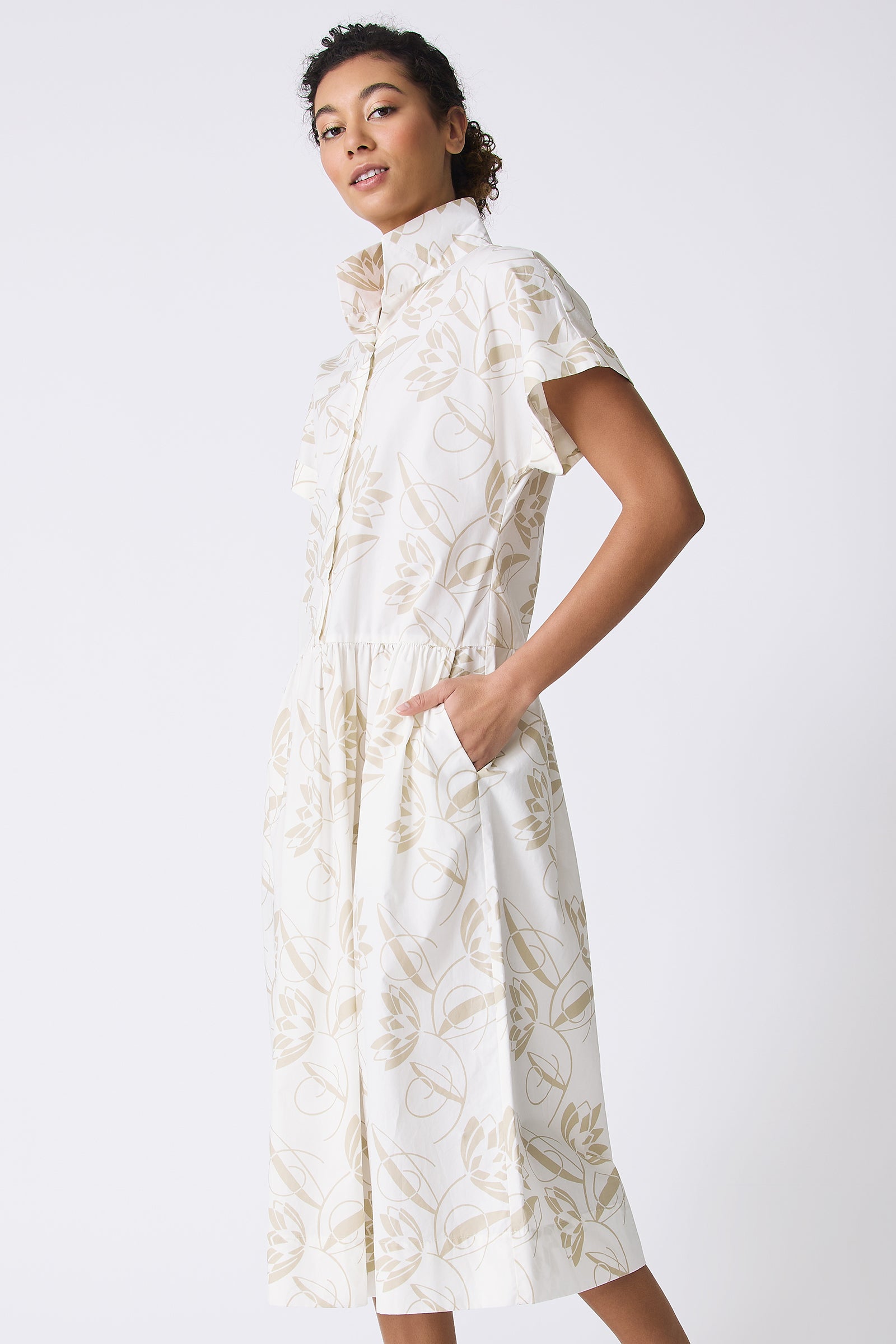 Kal Rieman Tanya Shirt Dress in Lotus Print on model with hand in pocket side view