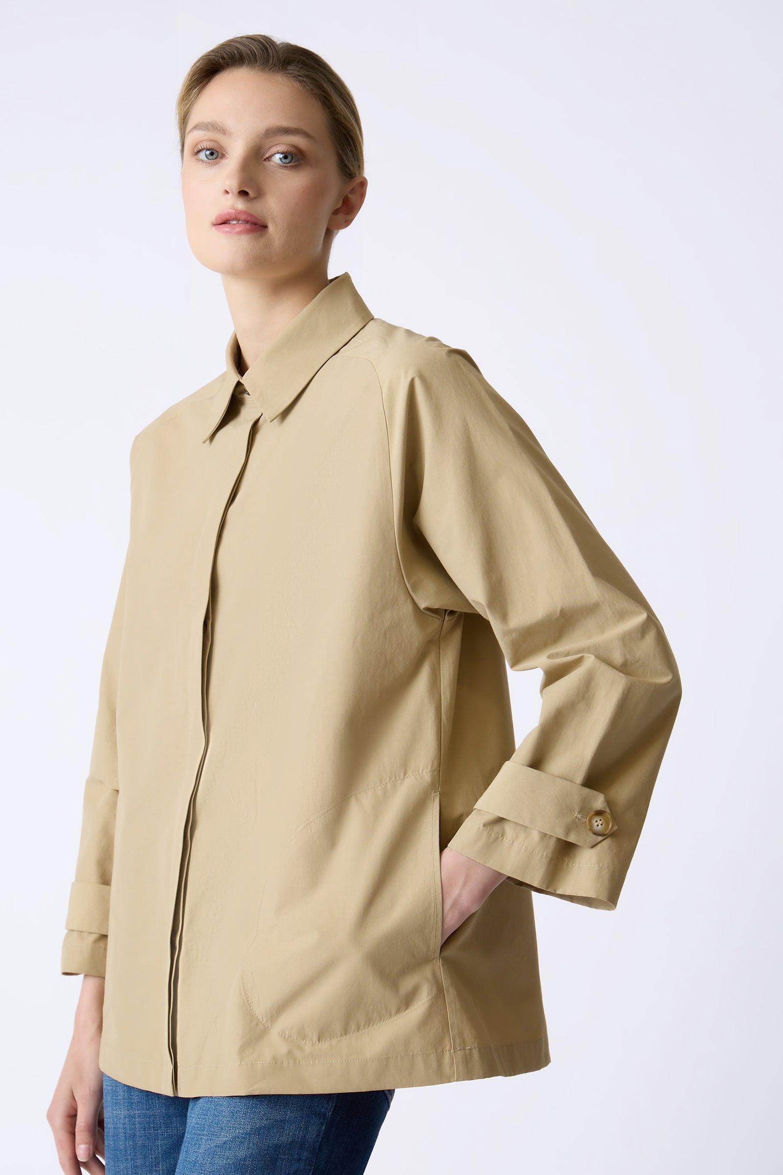 Kal Rieman Tracey Tunic in Khaki on model with hand in pocket front view