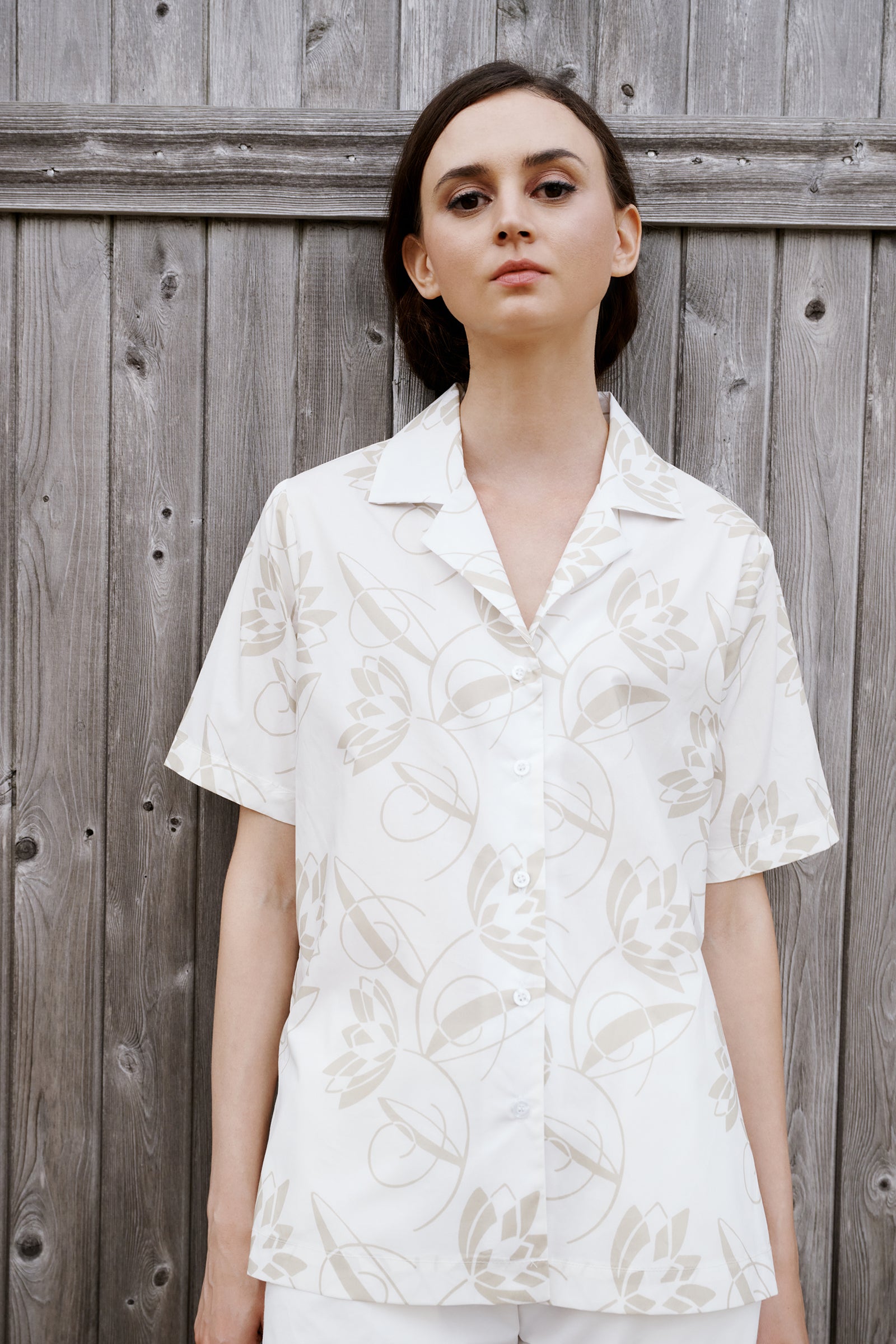 Kal Rieman Vacation Shirt in Lotus Print Sand on model lookbook image