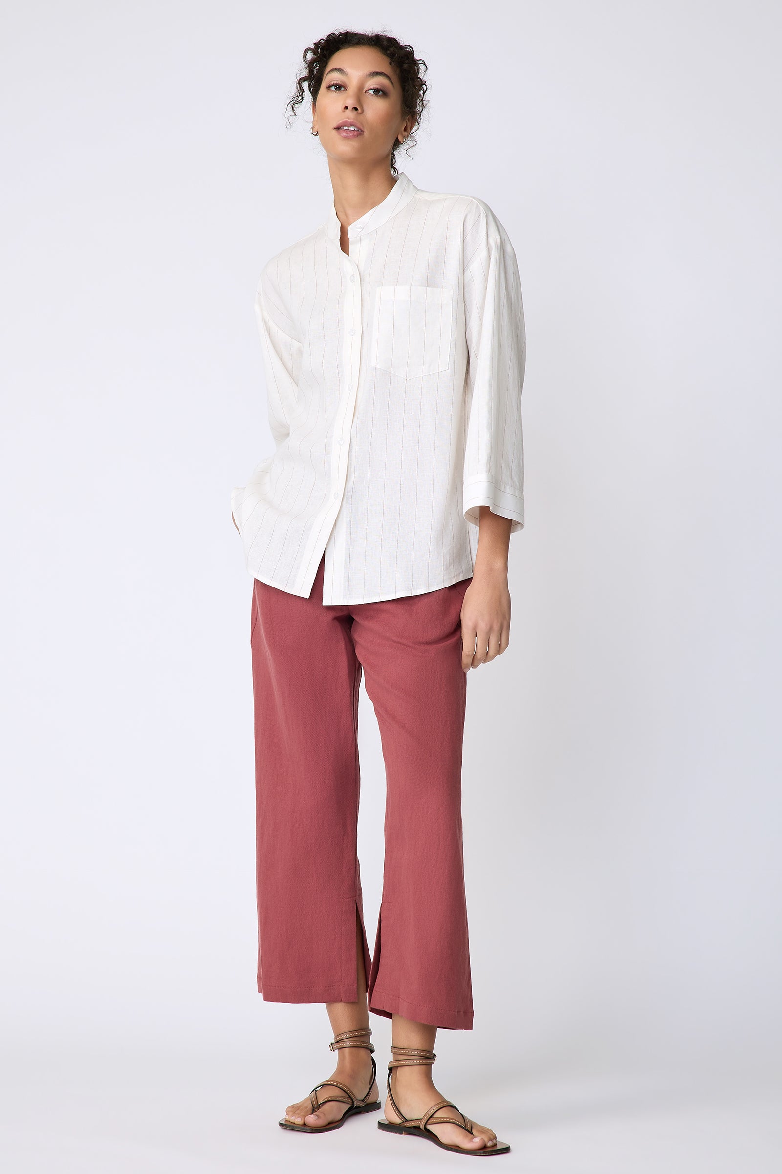 Kal Rieman Valerie Top in pinstripe linen on model front view full length hand in pocket