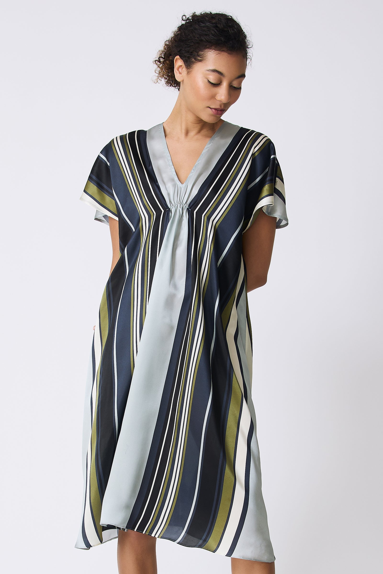 Kal Rieman Vanna Gather Front Dress in Multi Stripe on model looking down front view