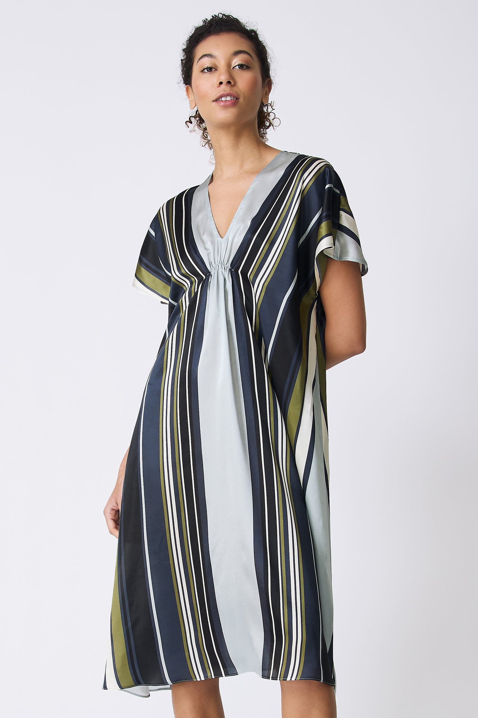 Kal Rieman Vanna Gather Front Dress in Multi Stripe on model with chin up front view