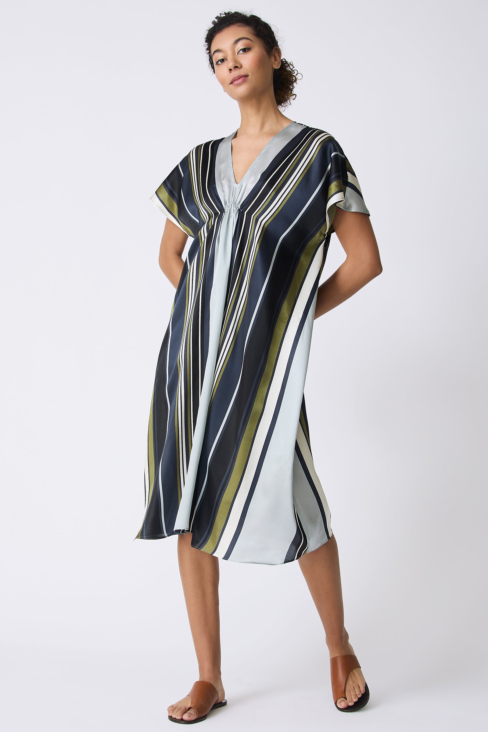 Kal Rieman Vanna Gather Front Dress in Multi Stripe on model full front view