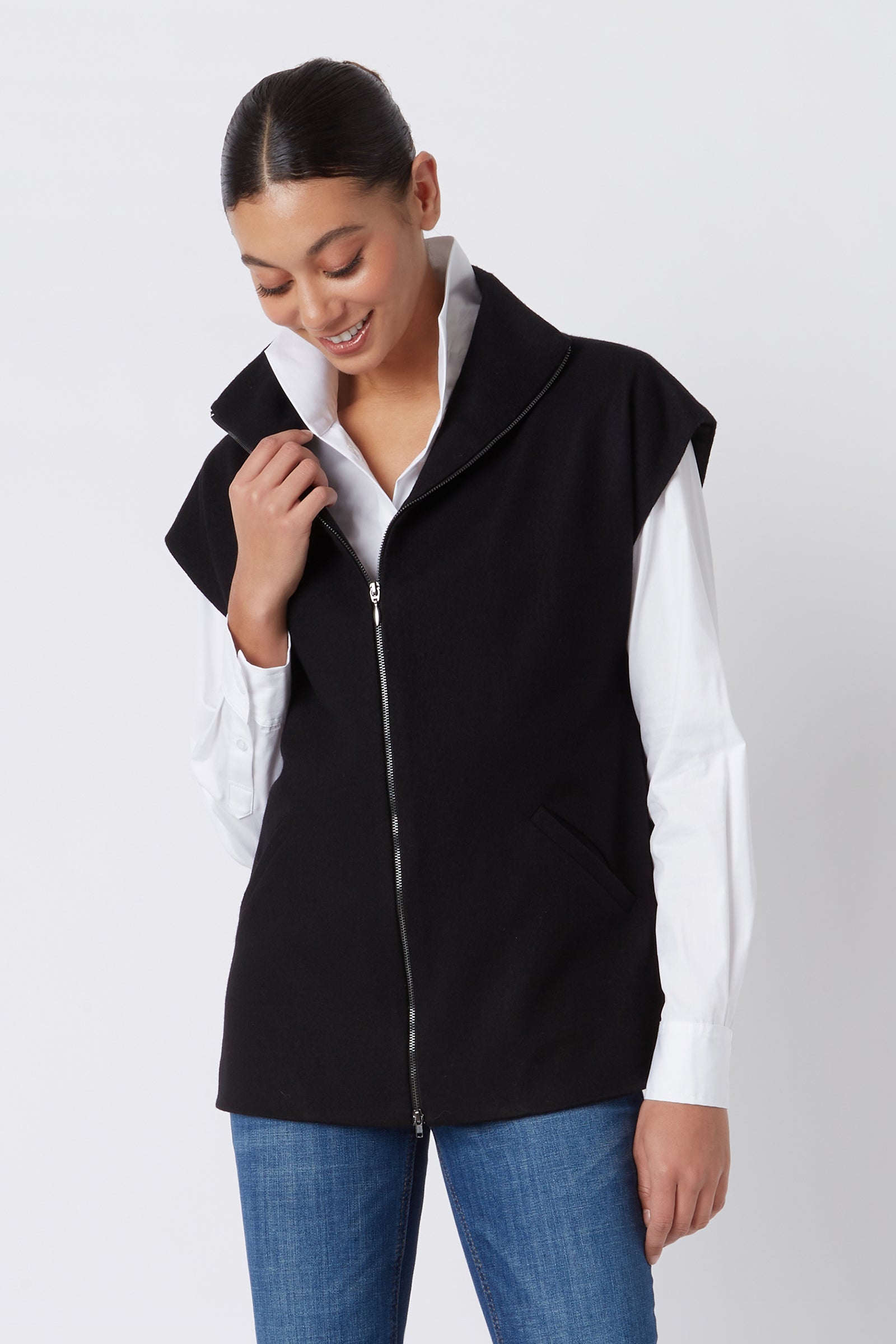 Kal Rieman Anne Collared Zip Vest in Black Felted Jersey on Model Looking Down Cropped Front View
