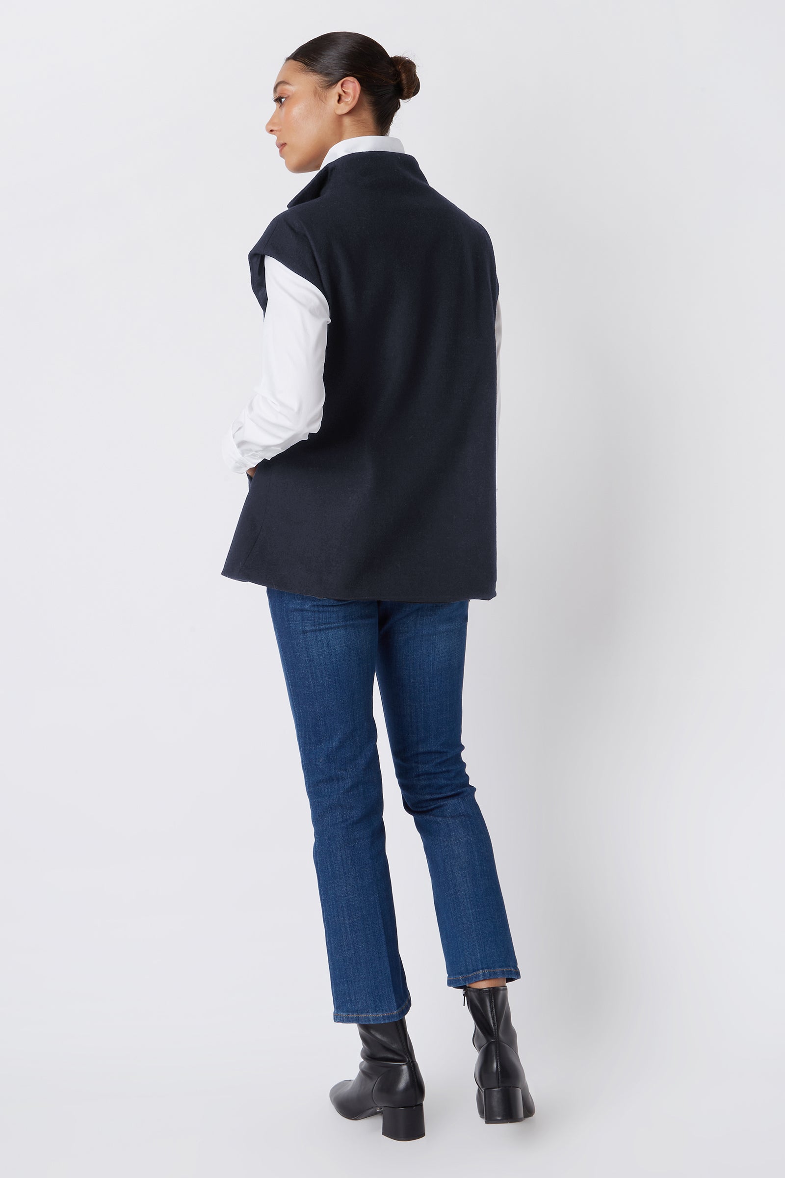 Kal Rieman Anne Collared Zip Vest in Midnight Felted Jersey on Model Looking Down Cropped Front View