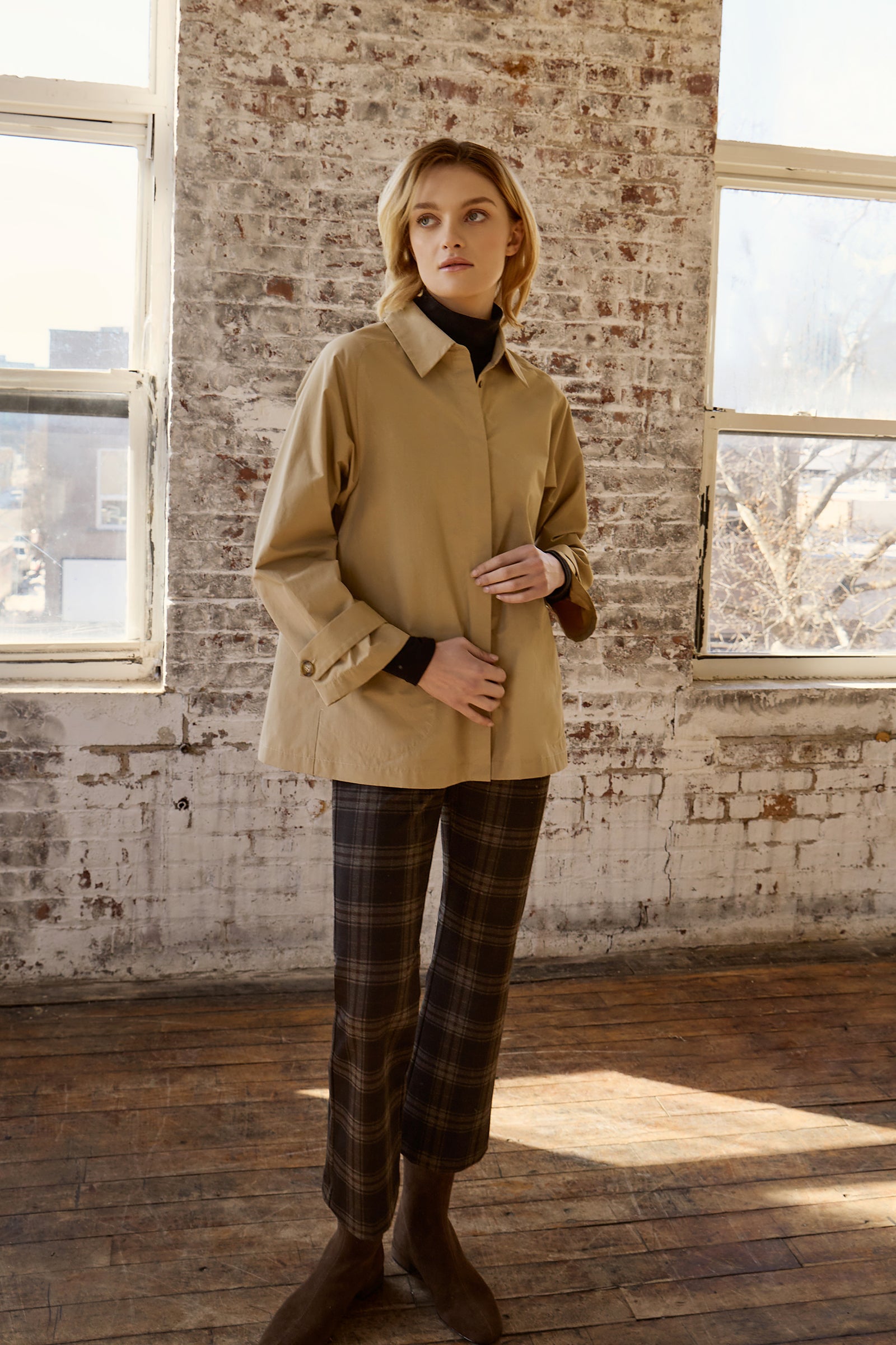 Kal Rieman Pamela Crop Flare Pants in Brown Plaid on model full front view