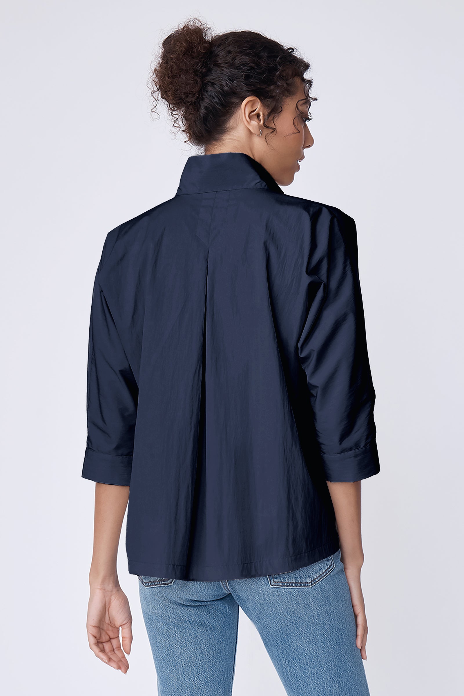 Kal Rieman Teri Drawstring Shirt in Navy Typewriter Cloth on model front view