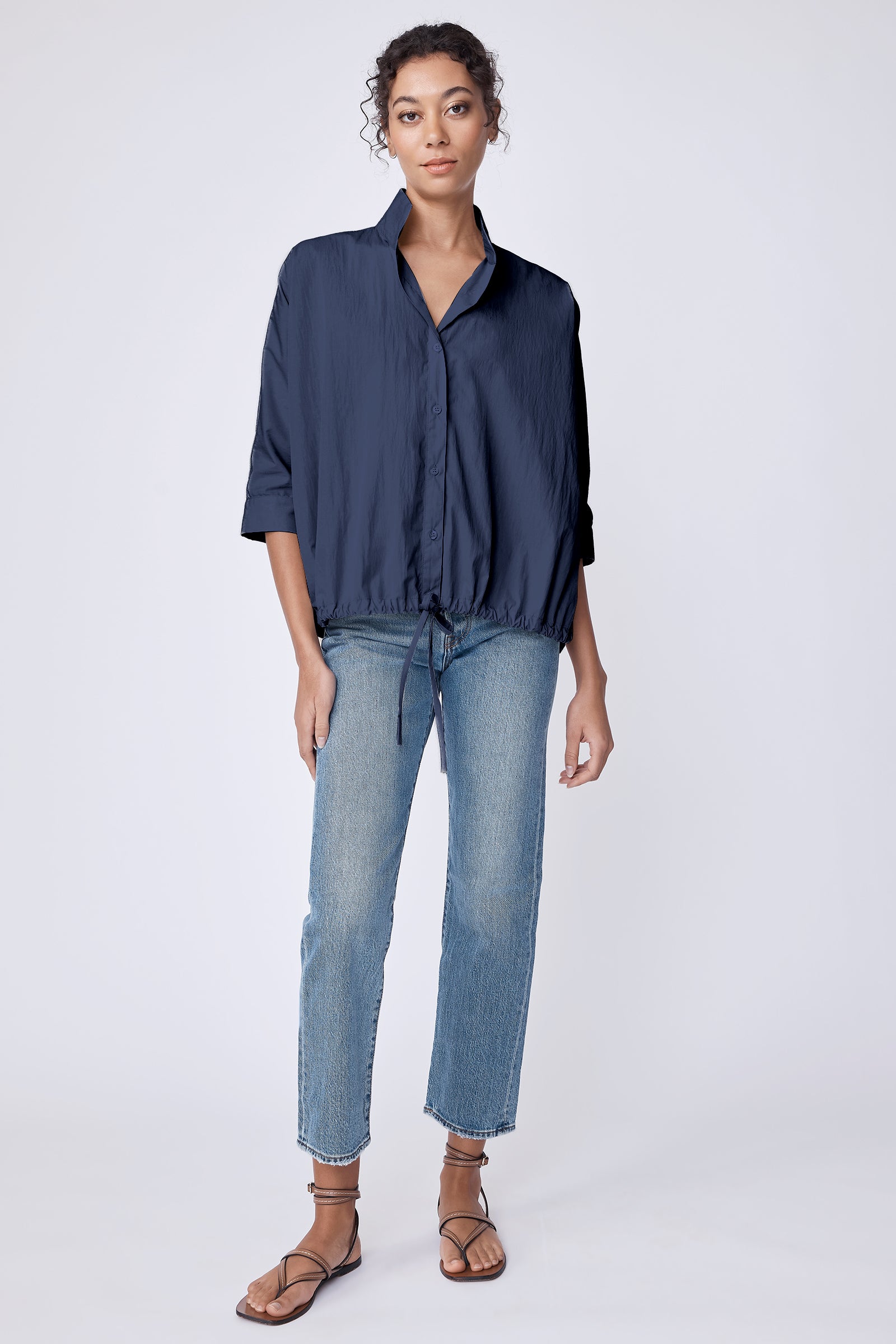 Kal Rieman Teri Drawstring Shirt in Navy Typewriter Cloth on model front view