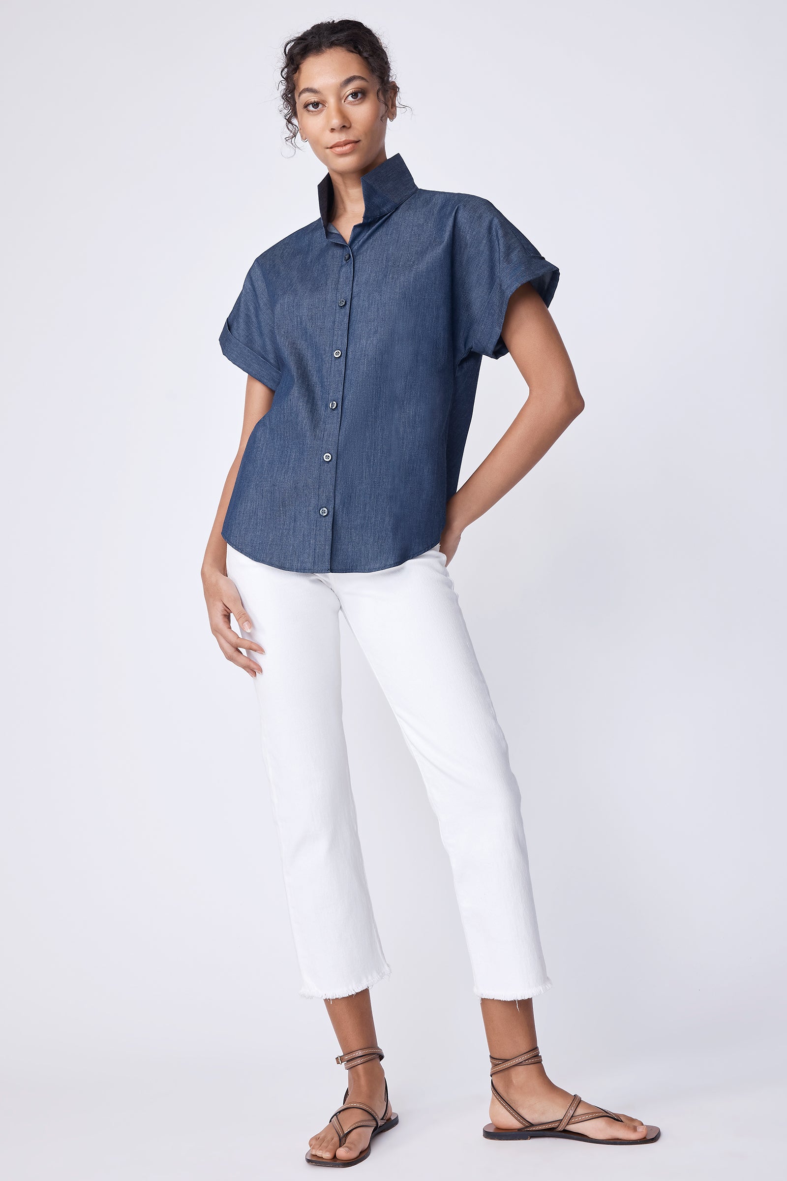 Kal Rieman Ali Kimono Shirt in lightweight indigo denim on model with hand on hip full front view