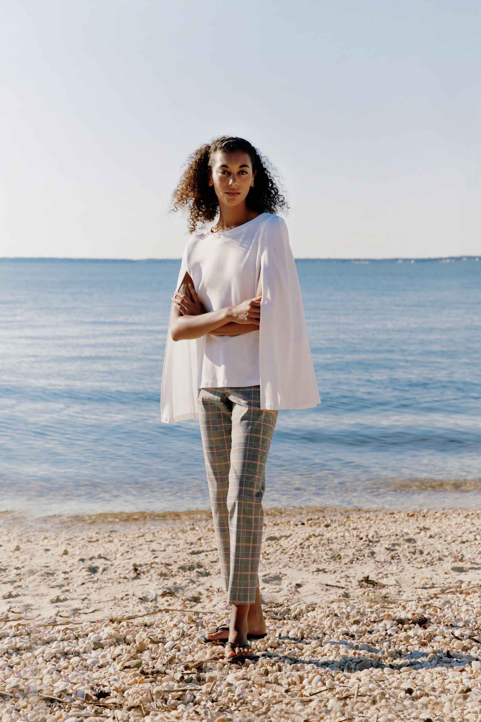 Kal Rieman Cape Sweatshirt in White on Model Front View