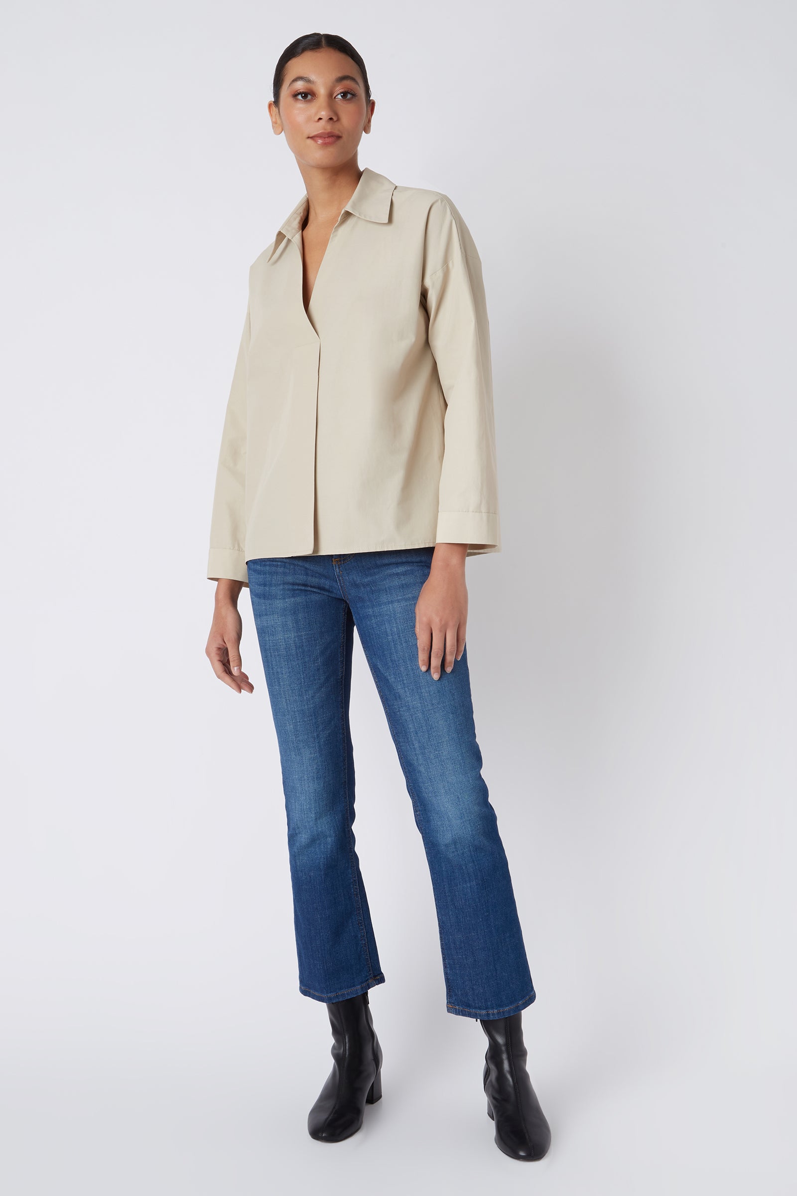 Kal Rieman Emma Collared Kimono Top in Khaki on Model Looking Straight Full Front View