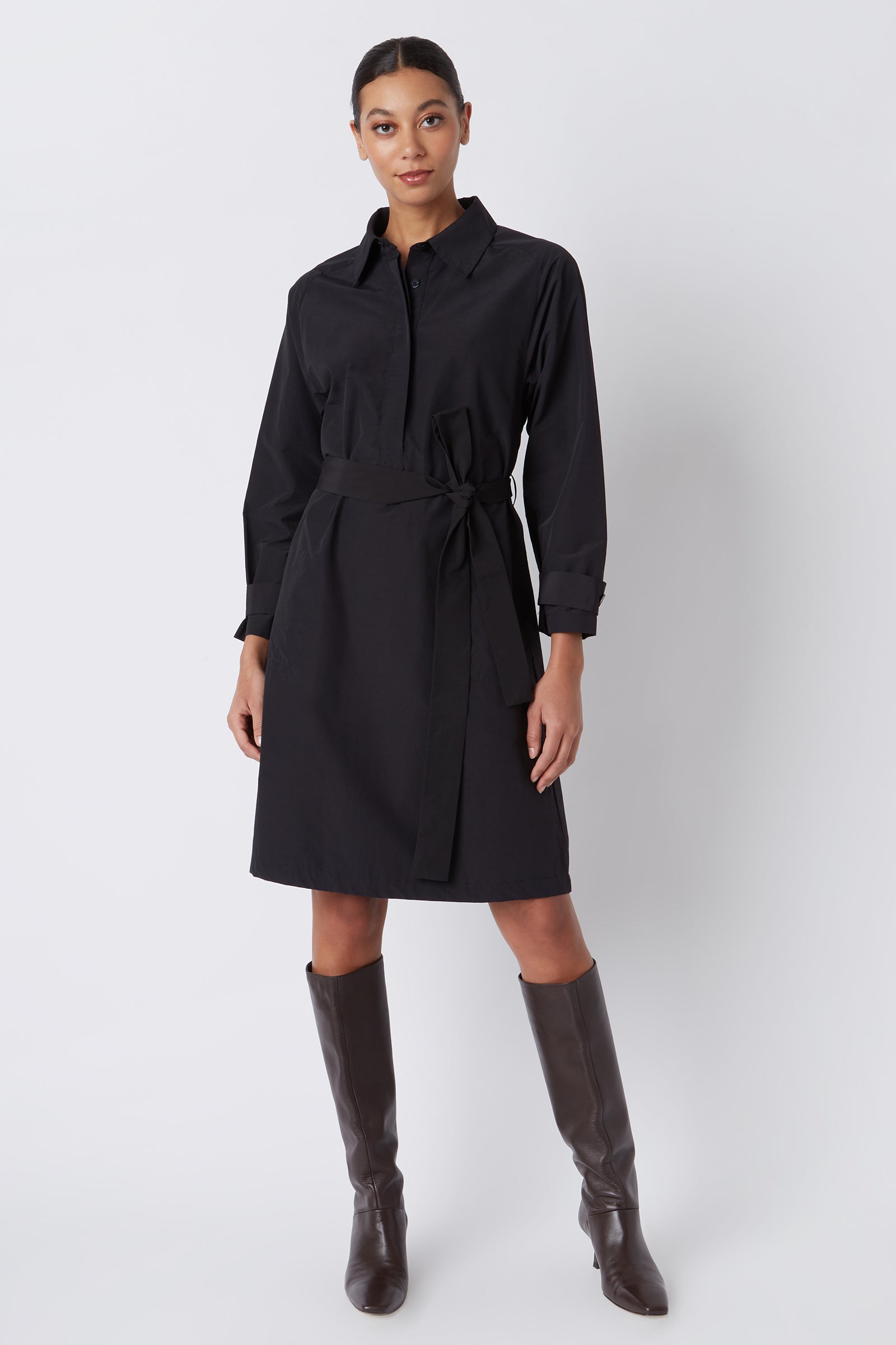 Kal Rieman Bonnie Pleat Back Dress in Black Italian Broadcloth on Model Main Full Front View