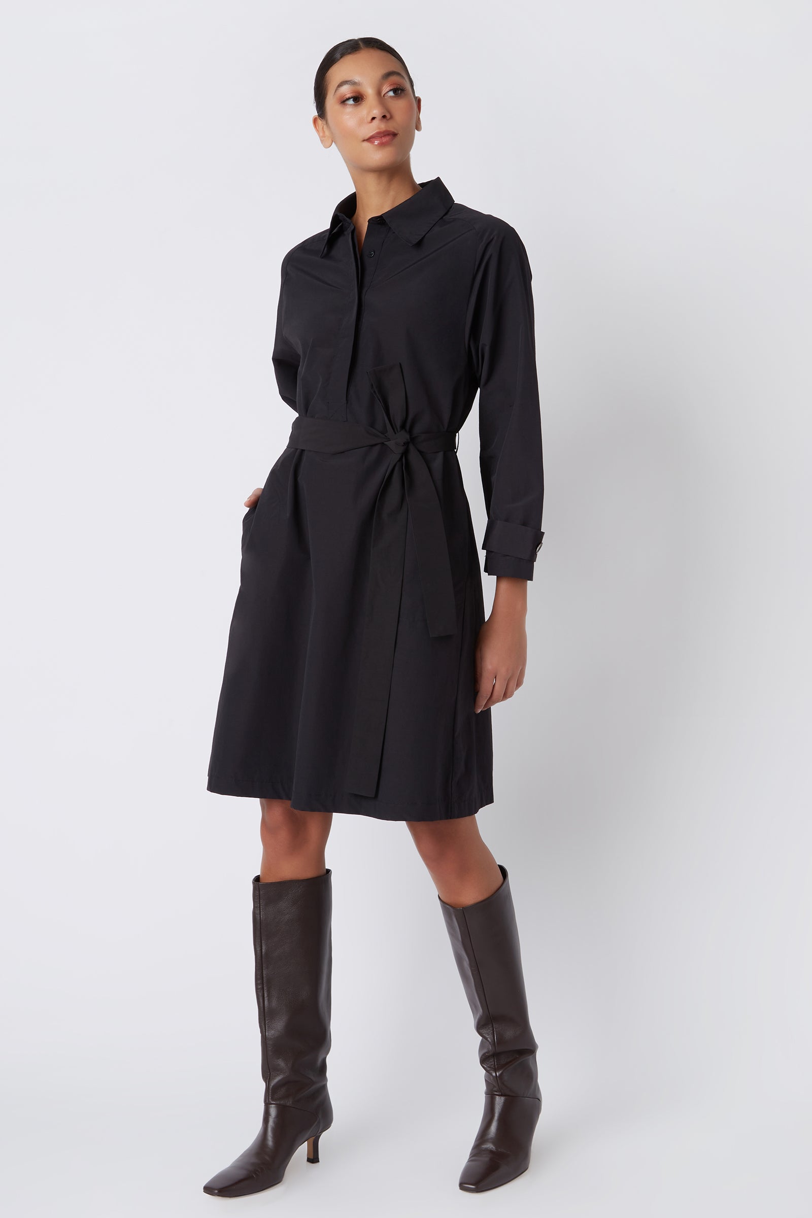 Kal Rieman Bonnie Pleat Back Dress in Black Italian Broadcloth on Model Walking Full Front View