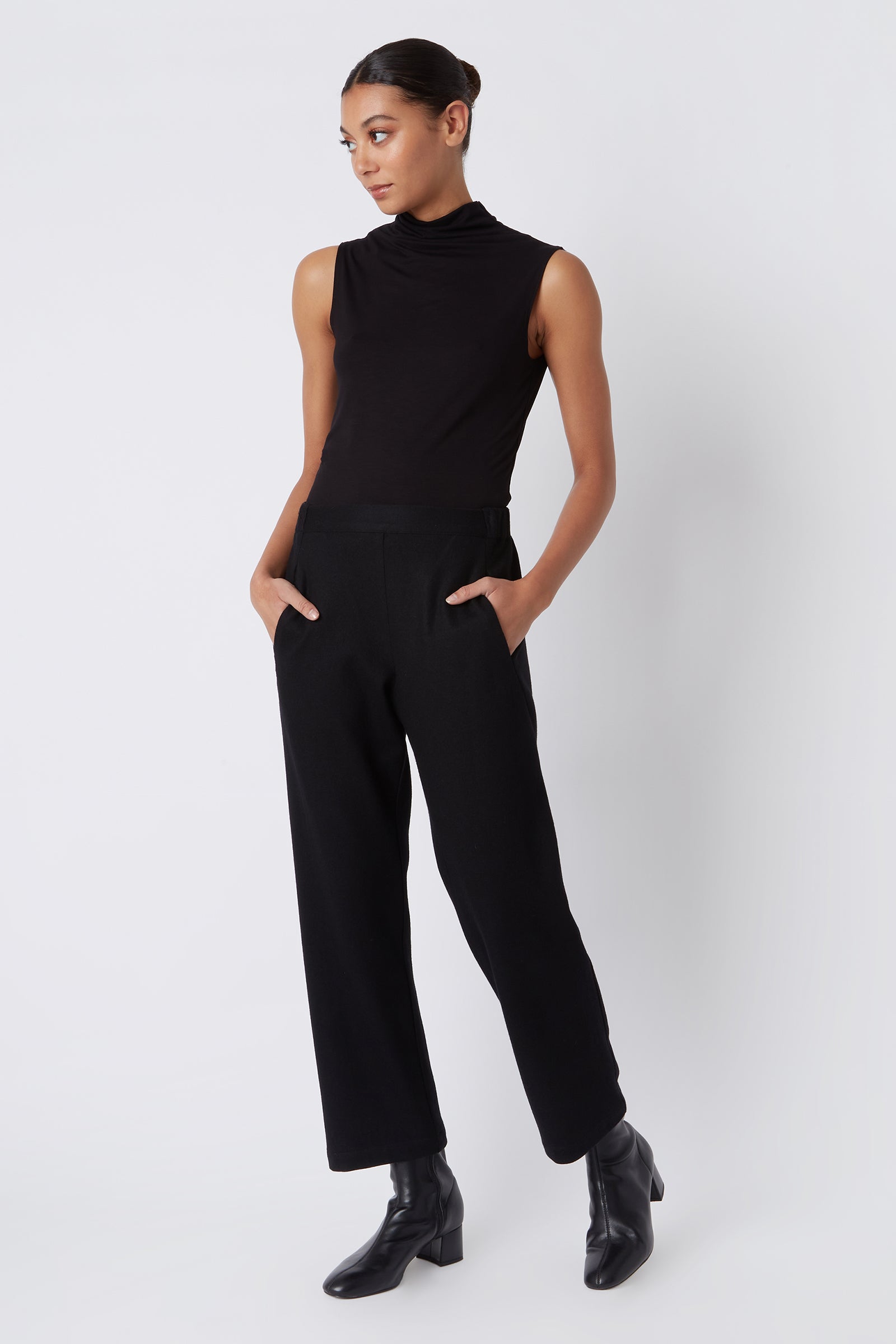 Kal Rieman Felted Jersey Angle Seam Crop Pant in Black Felted Jersey on Model Looking Right Full Front View