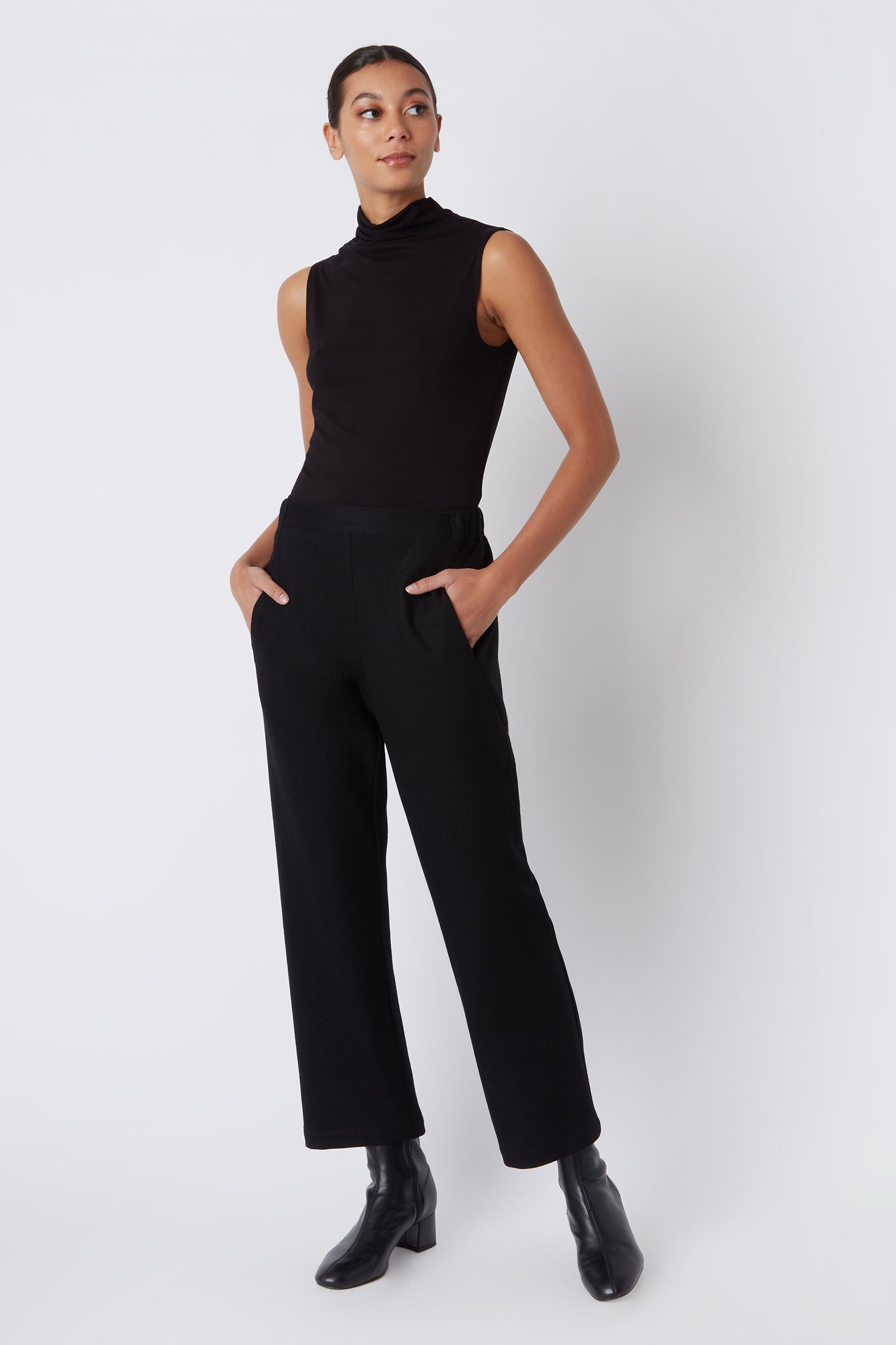 Kal Rieman Felted Jersey Angle Seam Crop Pant in Black Felted Jersey on Model Looking Left Full Front View