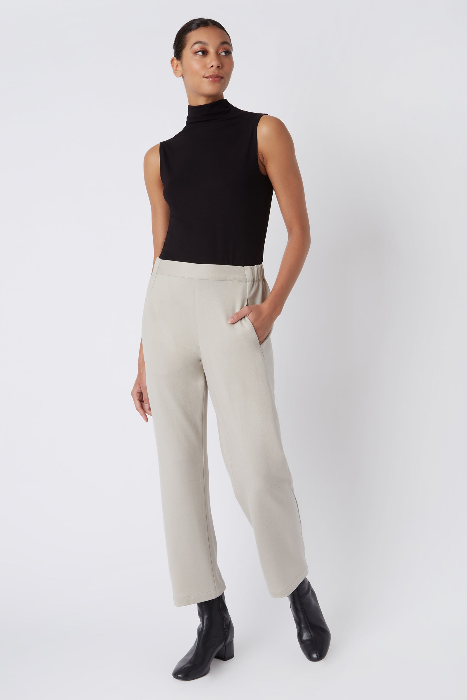 Kal Rieman Felted Jersey Angle Seam Crop Pant in Mink on Model with Hand in Pocket Full Front View