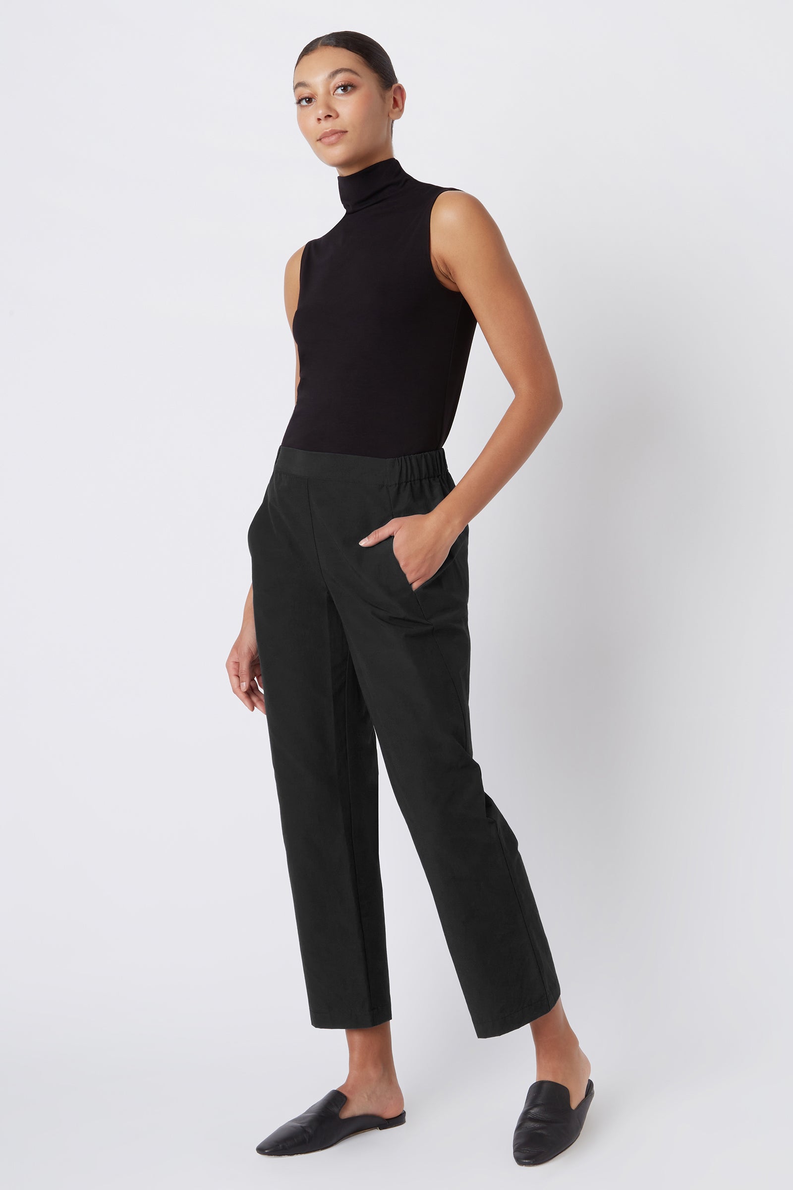 Kal Rieman Brit Crop Pant in Black on Model Angled Full Front View