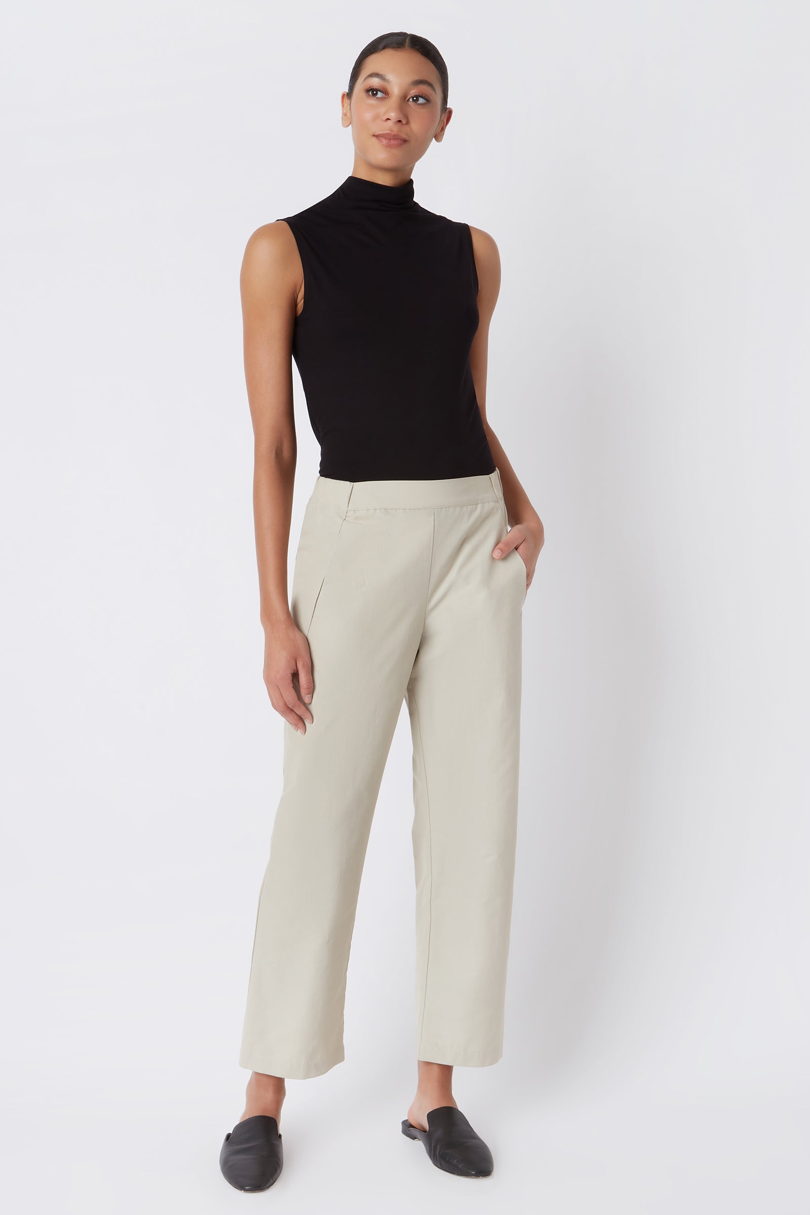 Kal Rieman Brit Crop Pant in Classic Khaki on Model Looking Right Full Front View