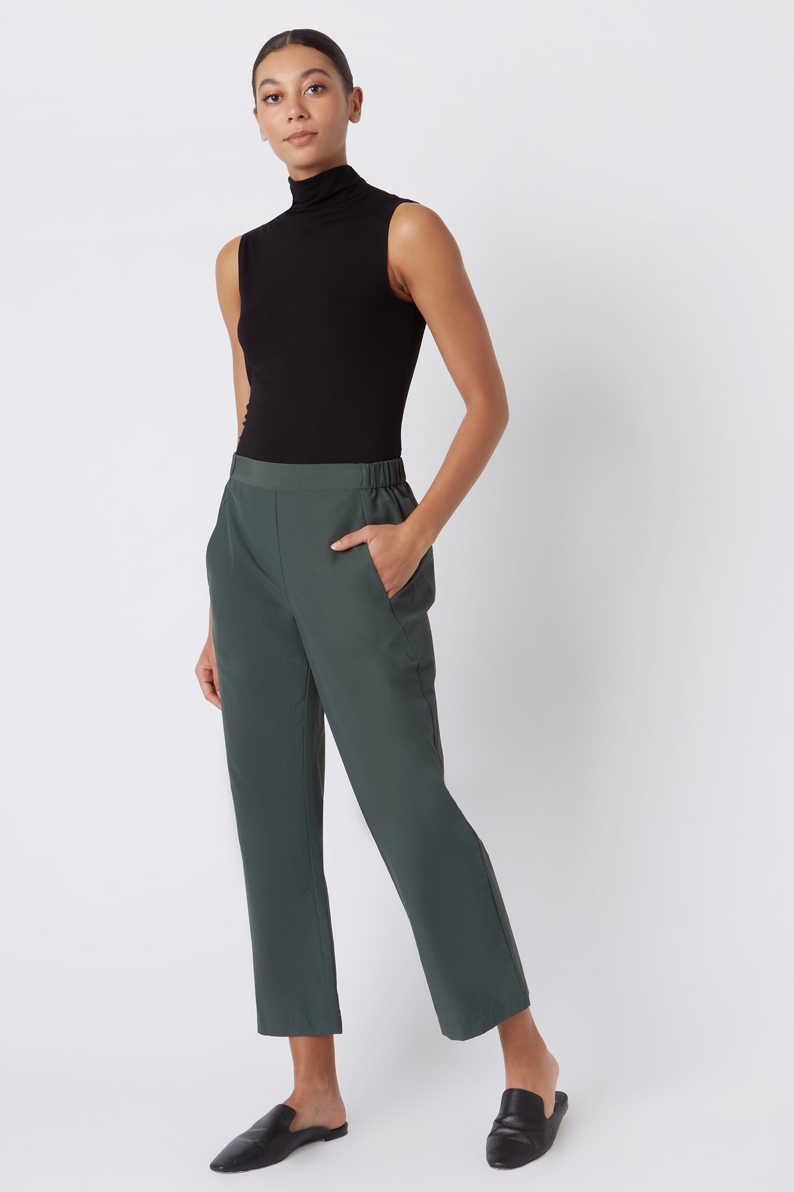 Kal Rieman Brit Crop Pant in Loden on Model with Hand in Pocket Full Front View