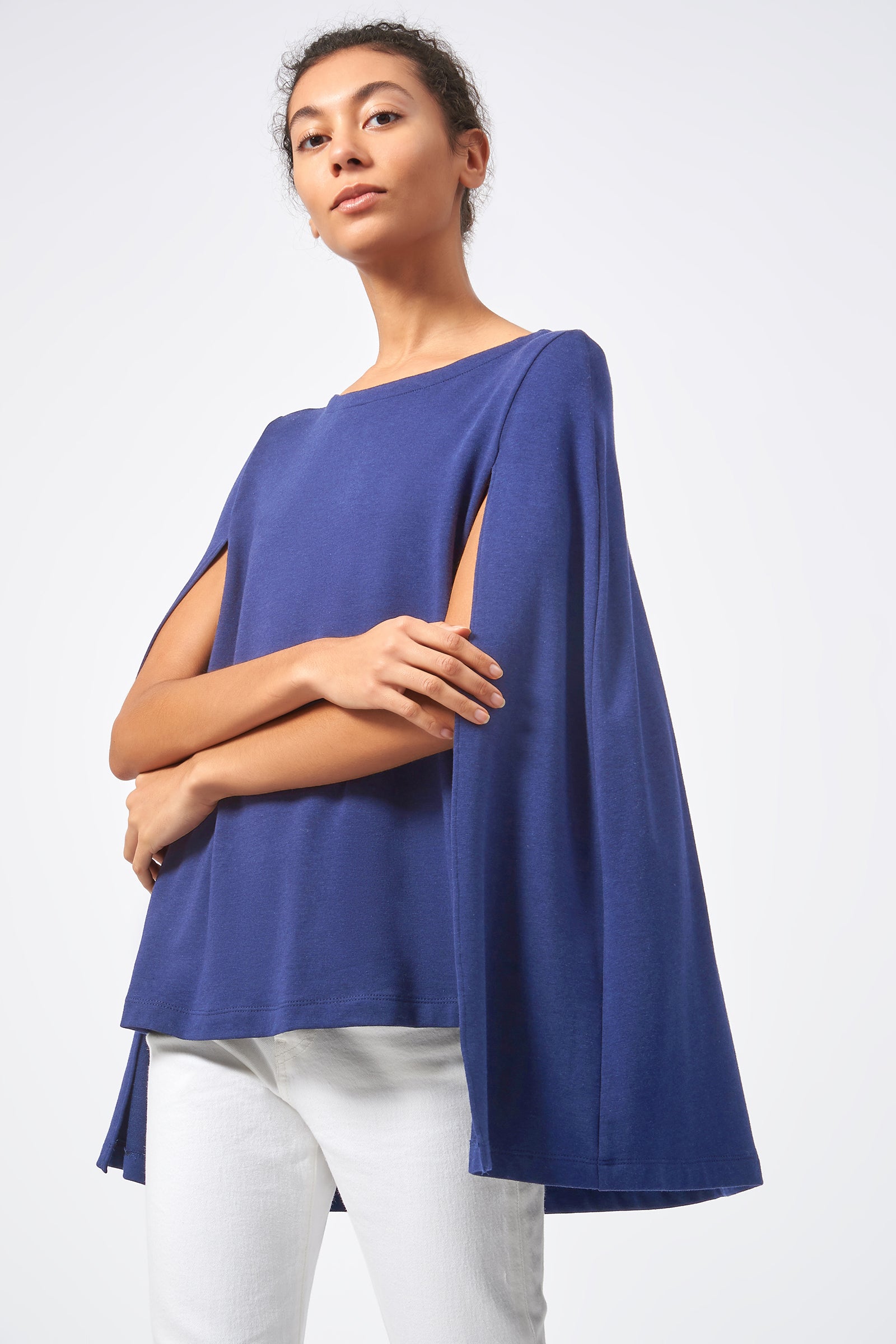 Kal Rieman Cape Sweatshirt in Bamboo Terry Blue image of the side view