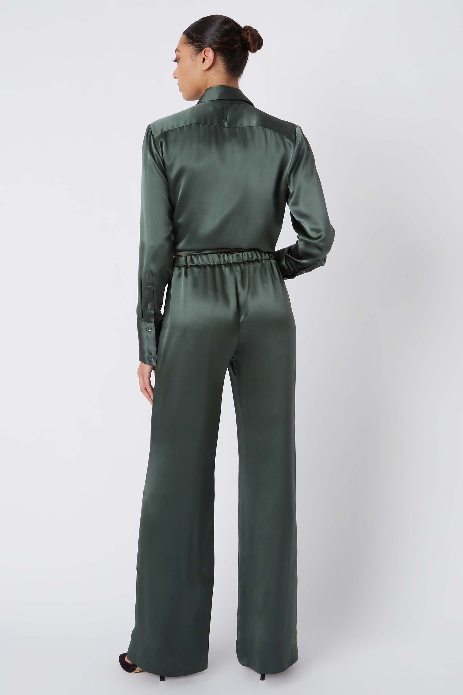 Kal Rieman Classic Silk Trouser in Loden on Model Full Back View