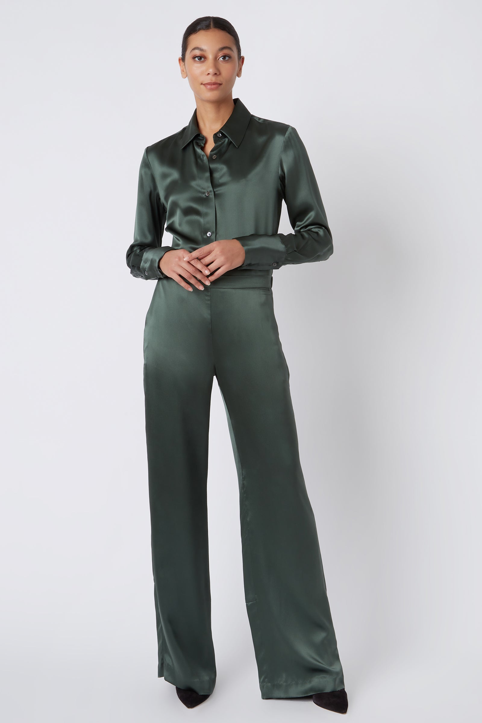 Kal Rieman Classic Silk Trouser in Loden on Model Main Full Front View