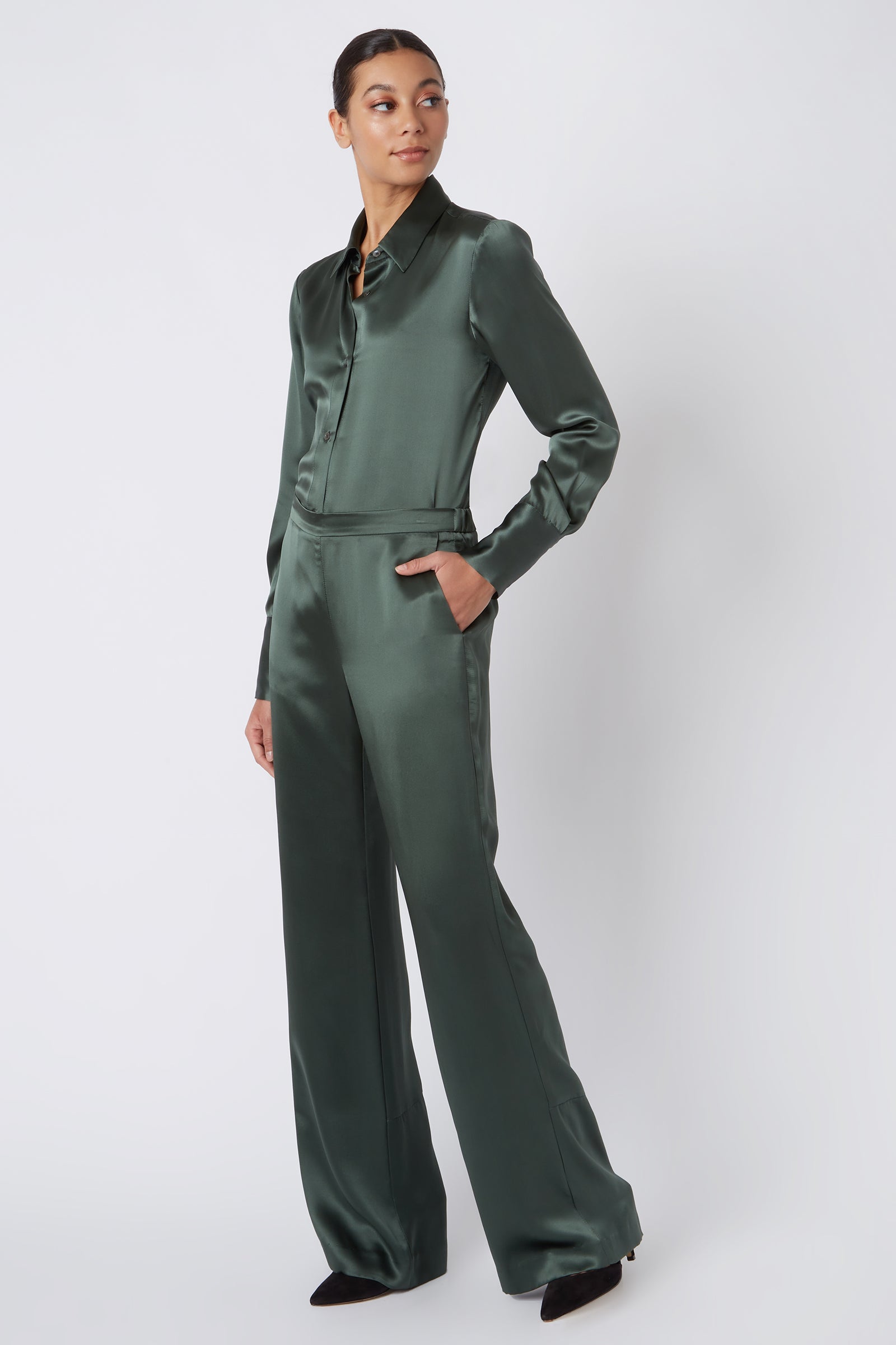 Kal Rieman Classic Silk Trouser in Loden on Model Full Side View