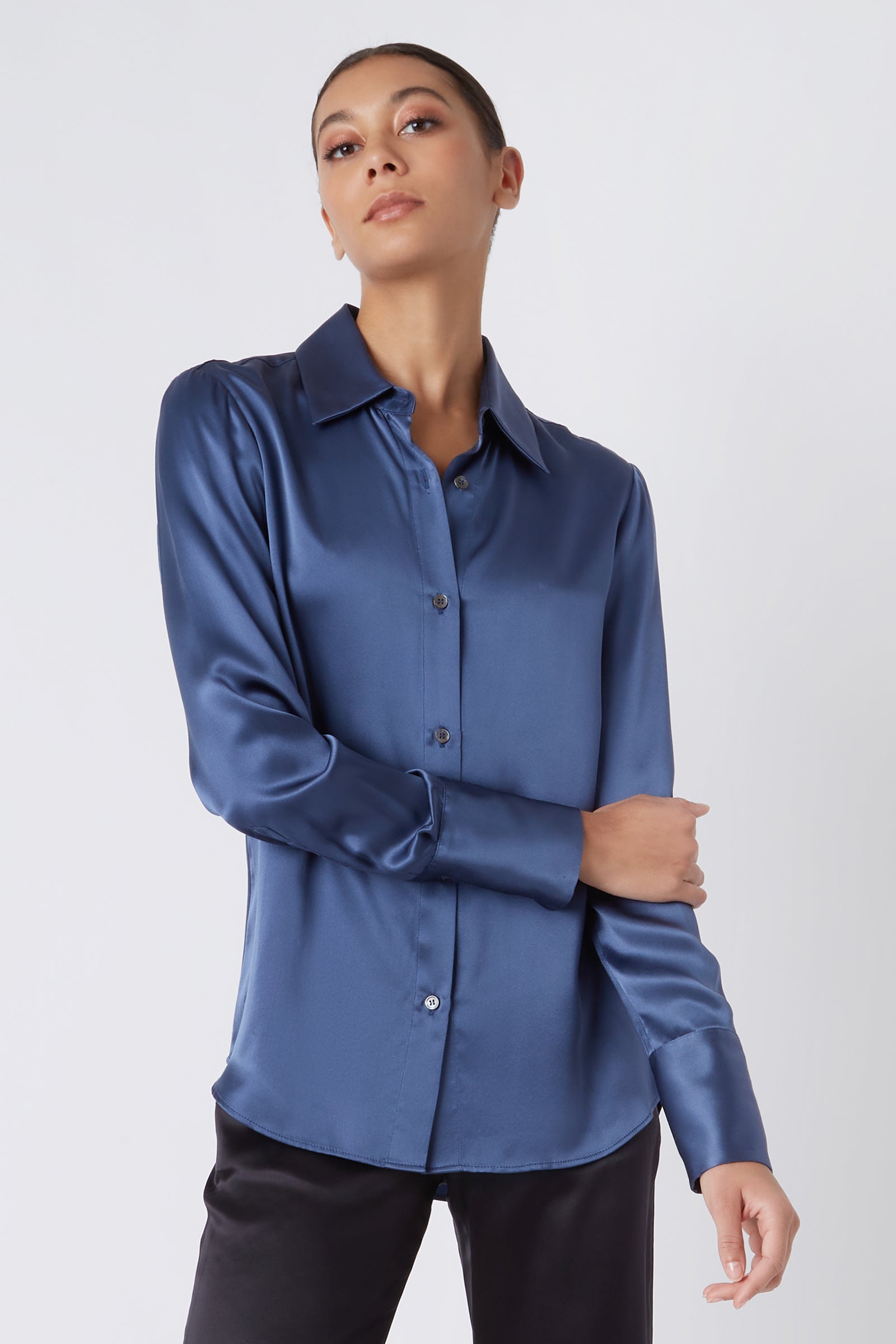 Kal Rieman Classic Tailored Blouse in Dusty Blue Silk on Model Head Tilted Up Cropped Front View