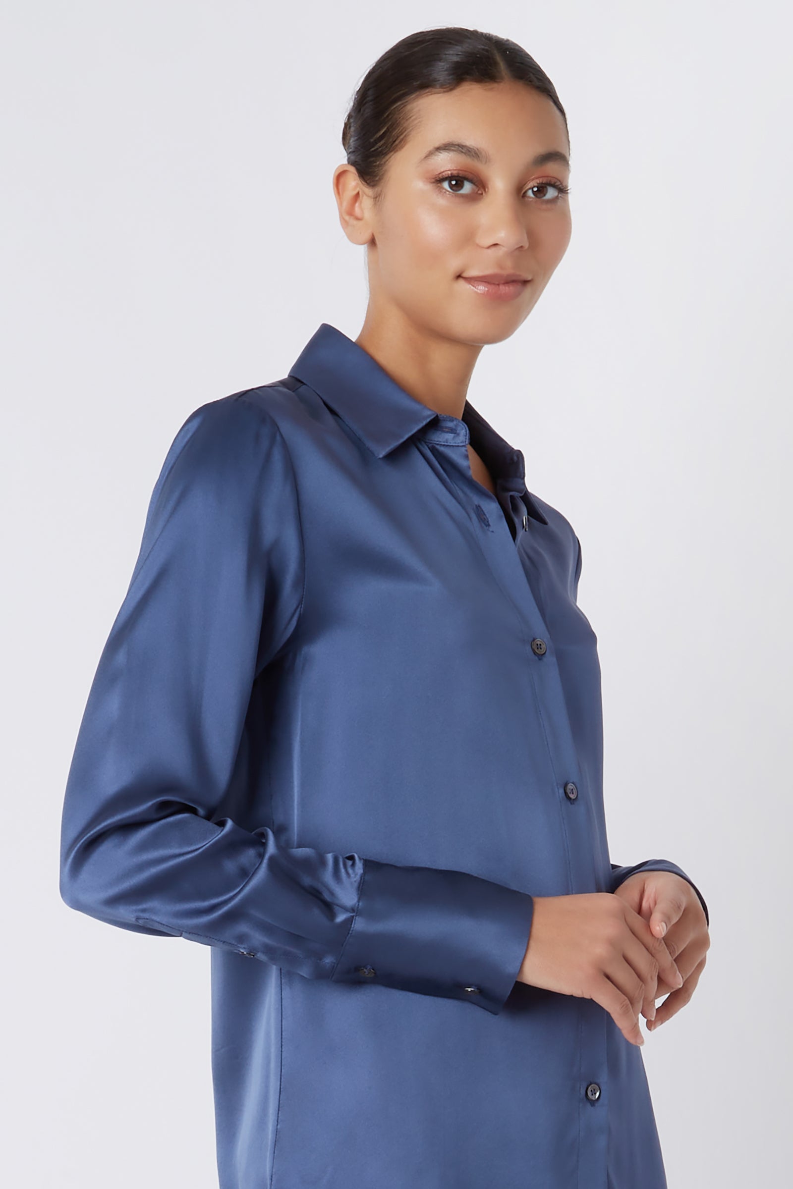 Kal Rieman Classic Tailored Blouse in Dusty Blue Silk on Model Cropped Side View