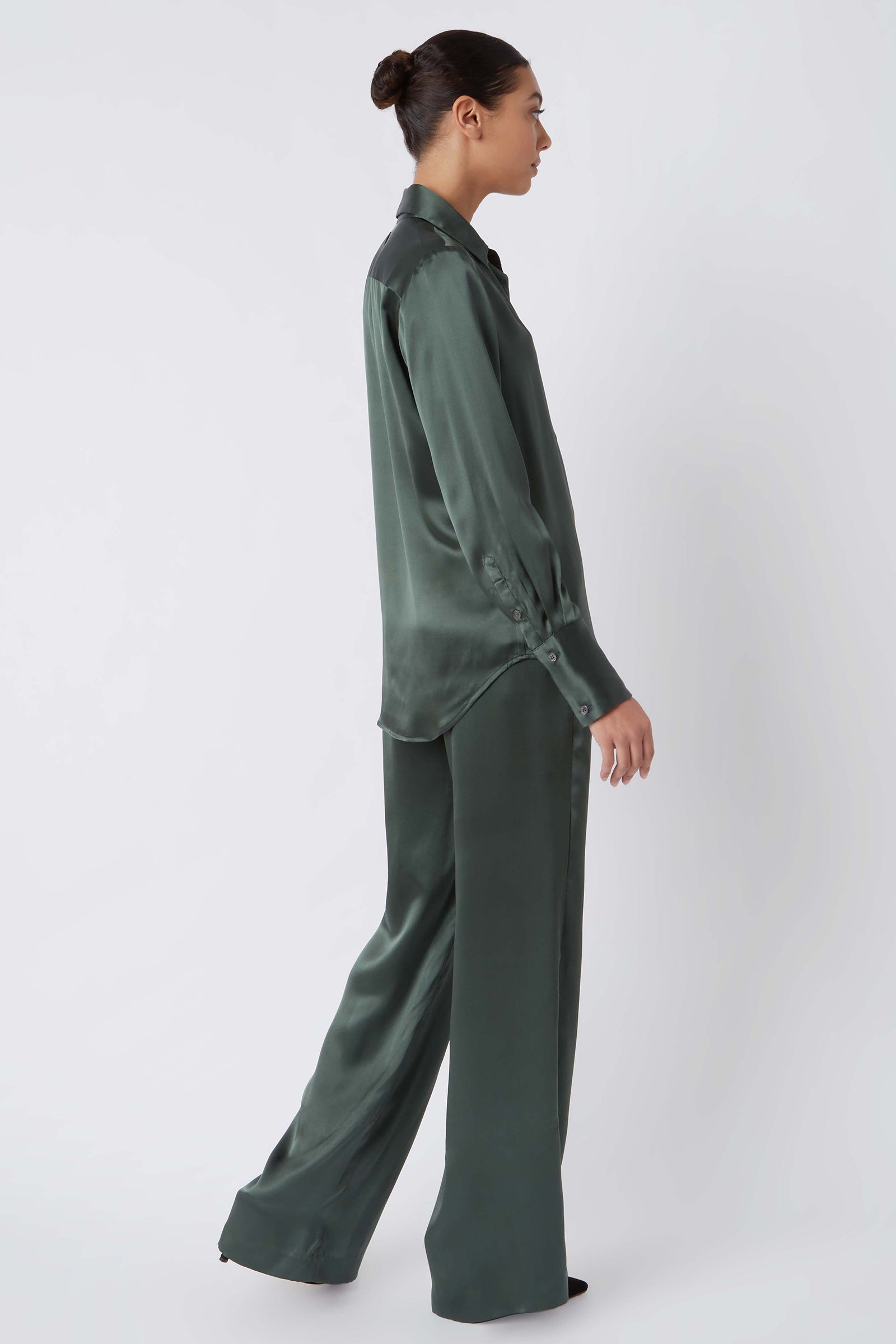 Kal Rieman Classic Tailored Blouse in Loden on Model Full Side View