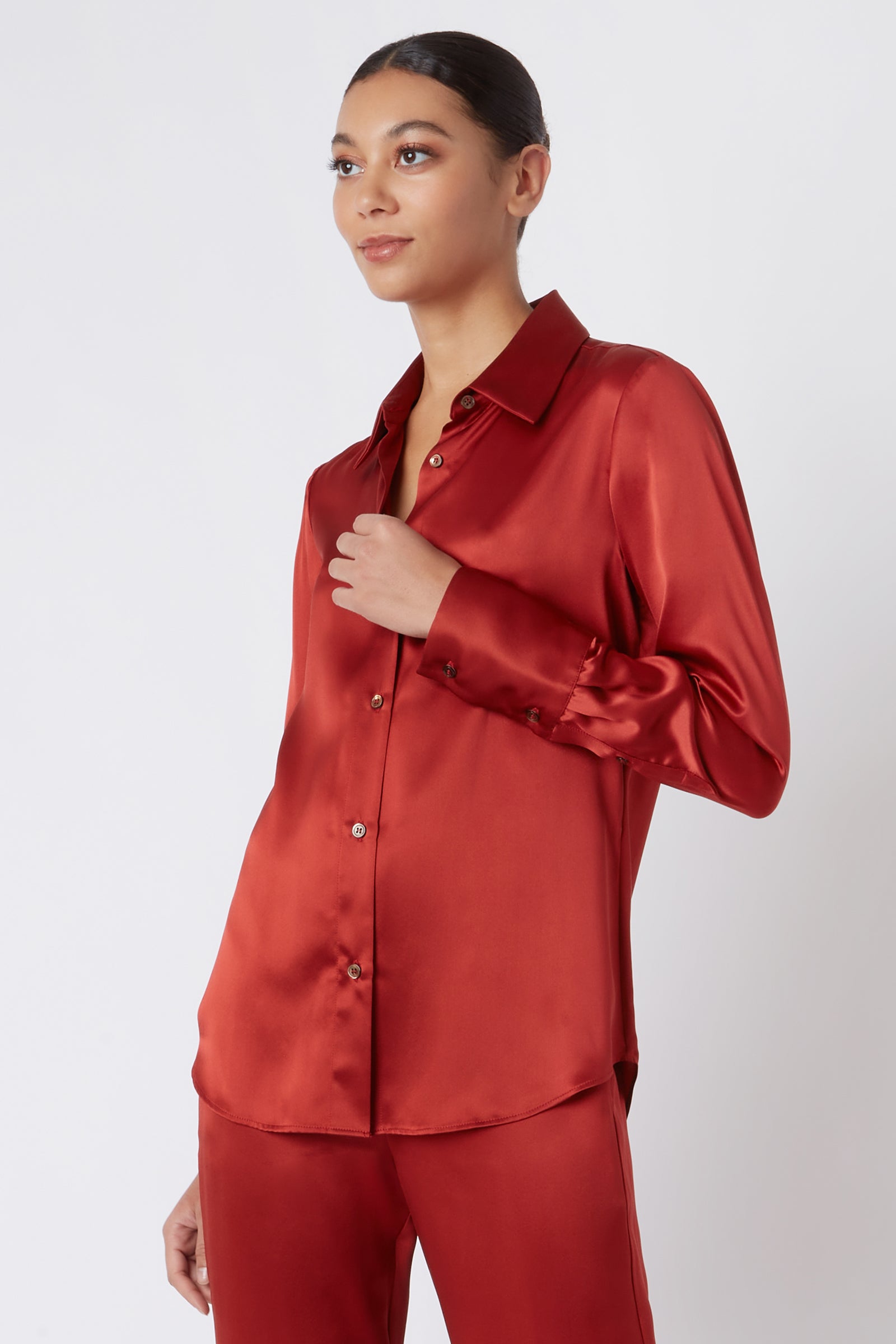 Kal Rieman Classic Tailored Blouse in Rust Silk on Model Cropped Front Side View