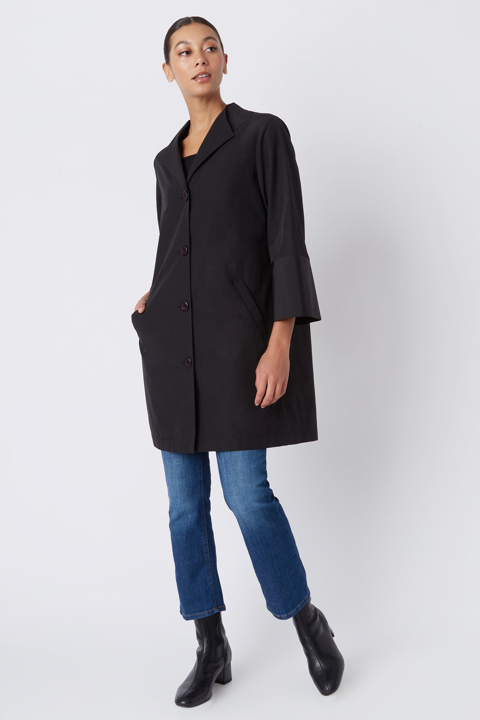 Kal Rieman Else Peacoat in Black Italian Broadcloth on Model with Hand in Pocket Full Front View