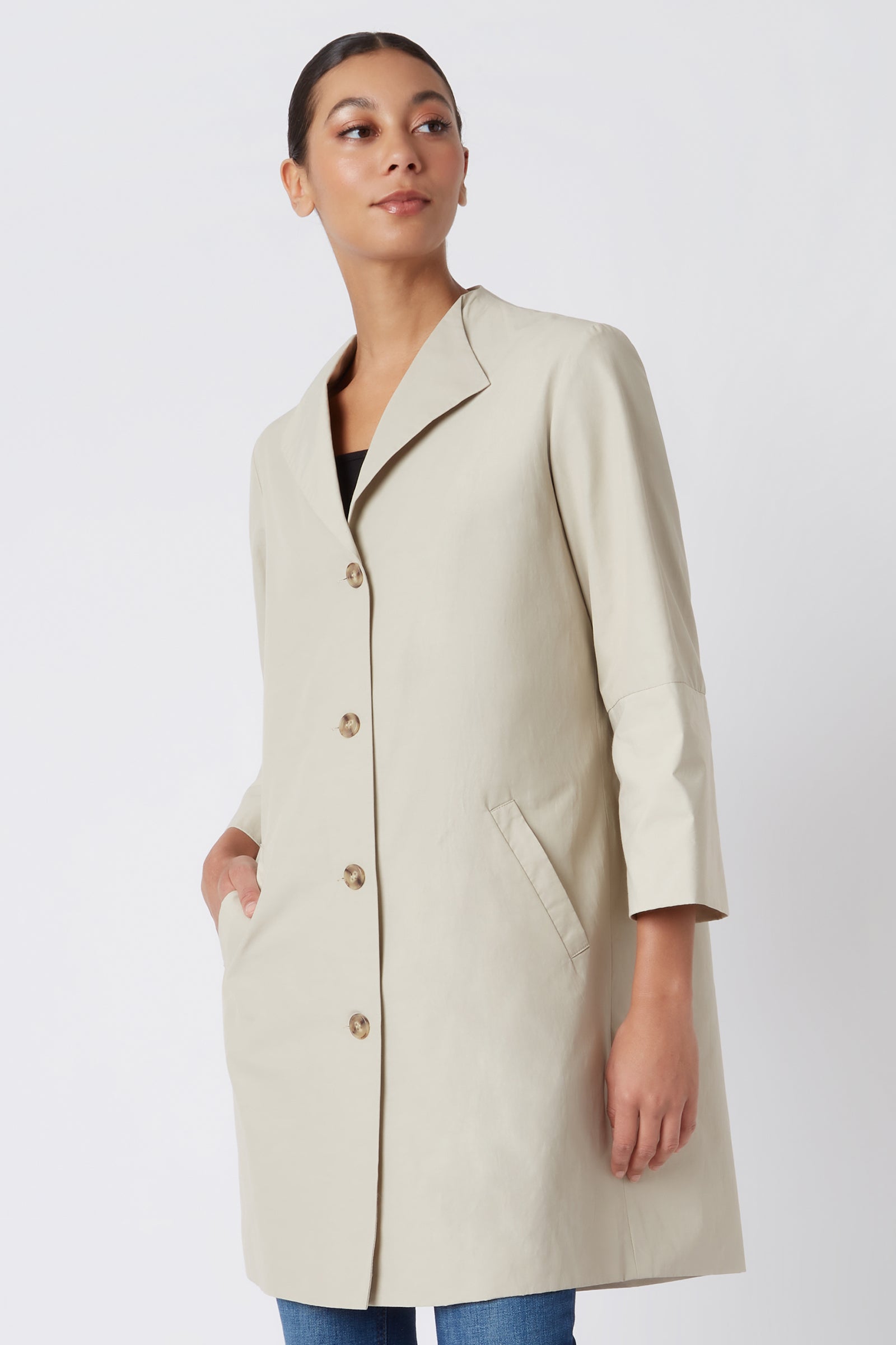 Kal Rieman Else Peacoat in Classic Khaki on Model with Hand in Pocket Cropped Front View