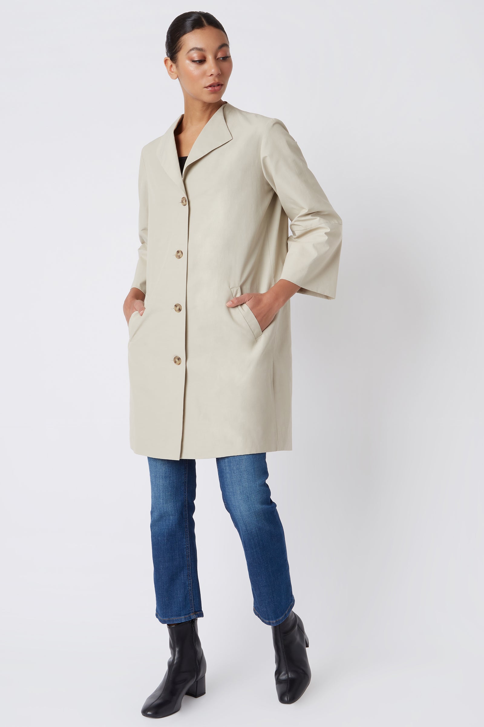 Kal Rieman Else Peacoat in Classic Khaki on Model with Hands in Pockets Full Front View