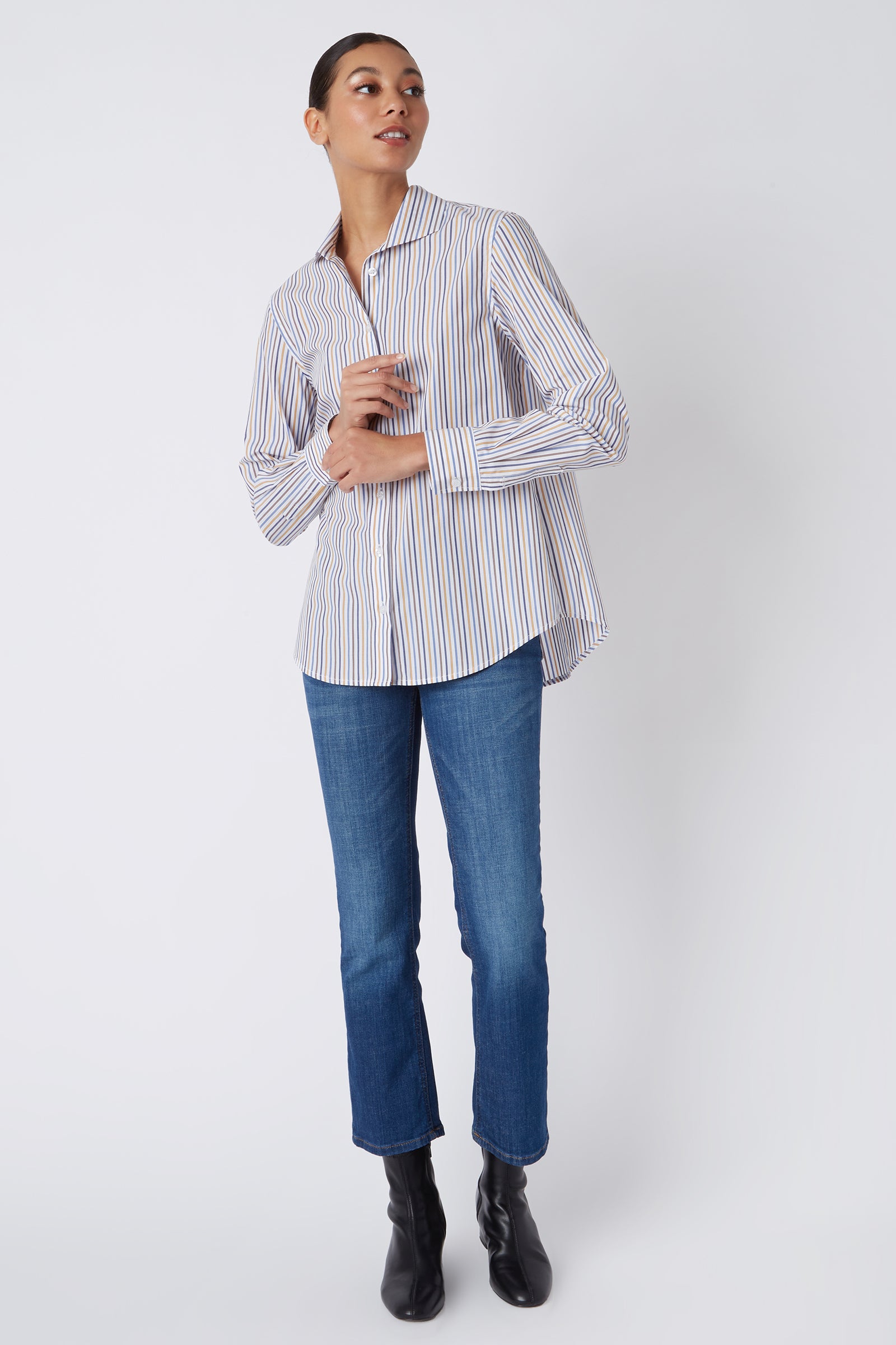 Kal Rieman Ginna Box Pleat Shirt in Multi Stripe Gold on Model Looking Left Full Front View