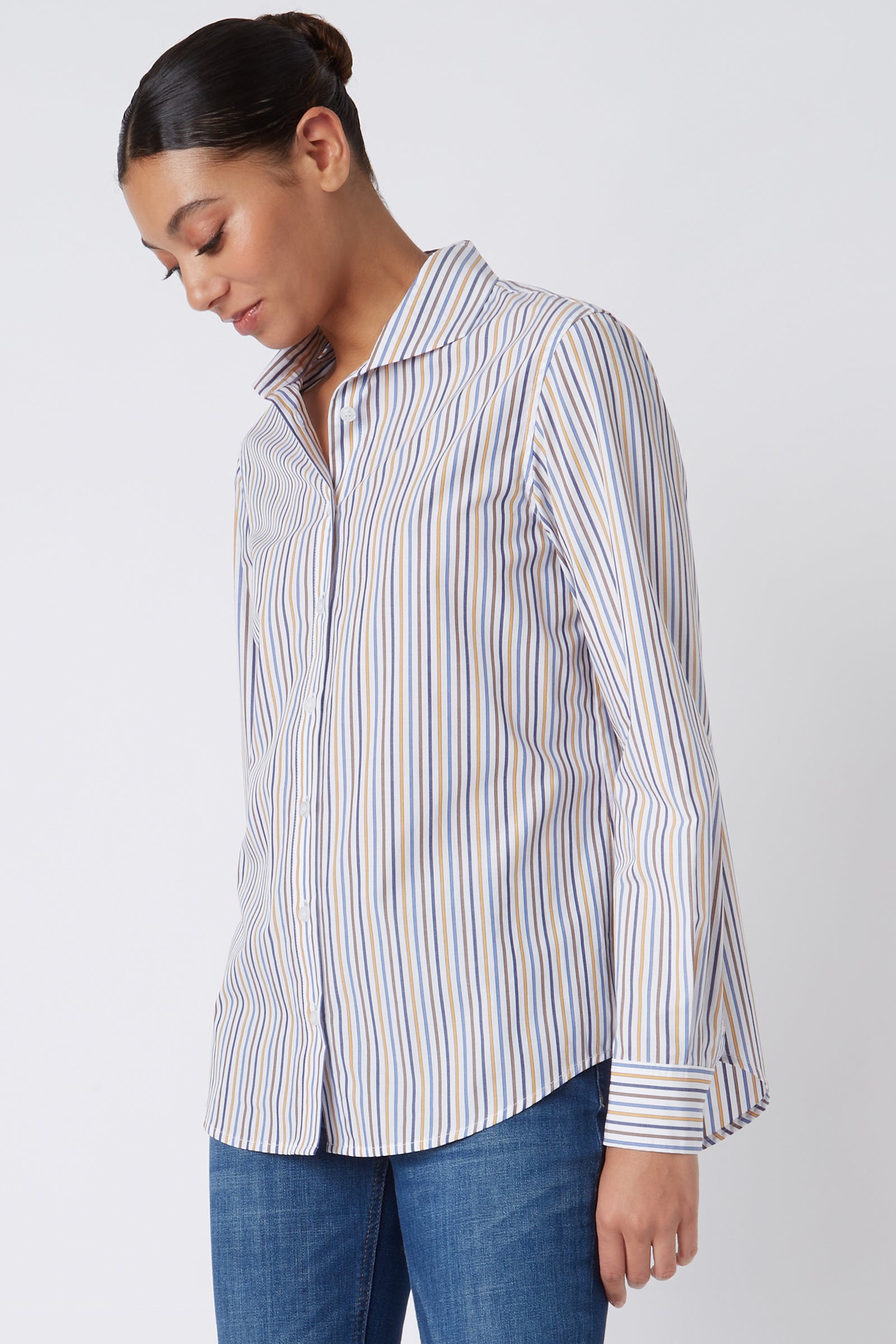 Kal Rieman Ginna Box Pleat Shirt in Multi Stripe Gold on Model Looking Down Cropped Front View