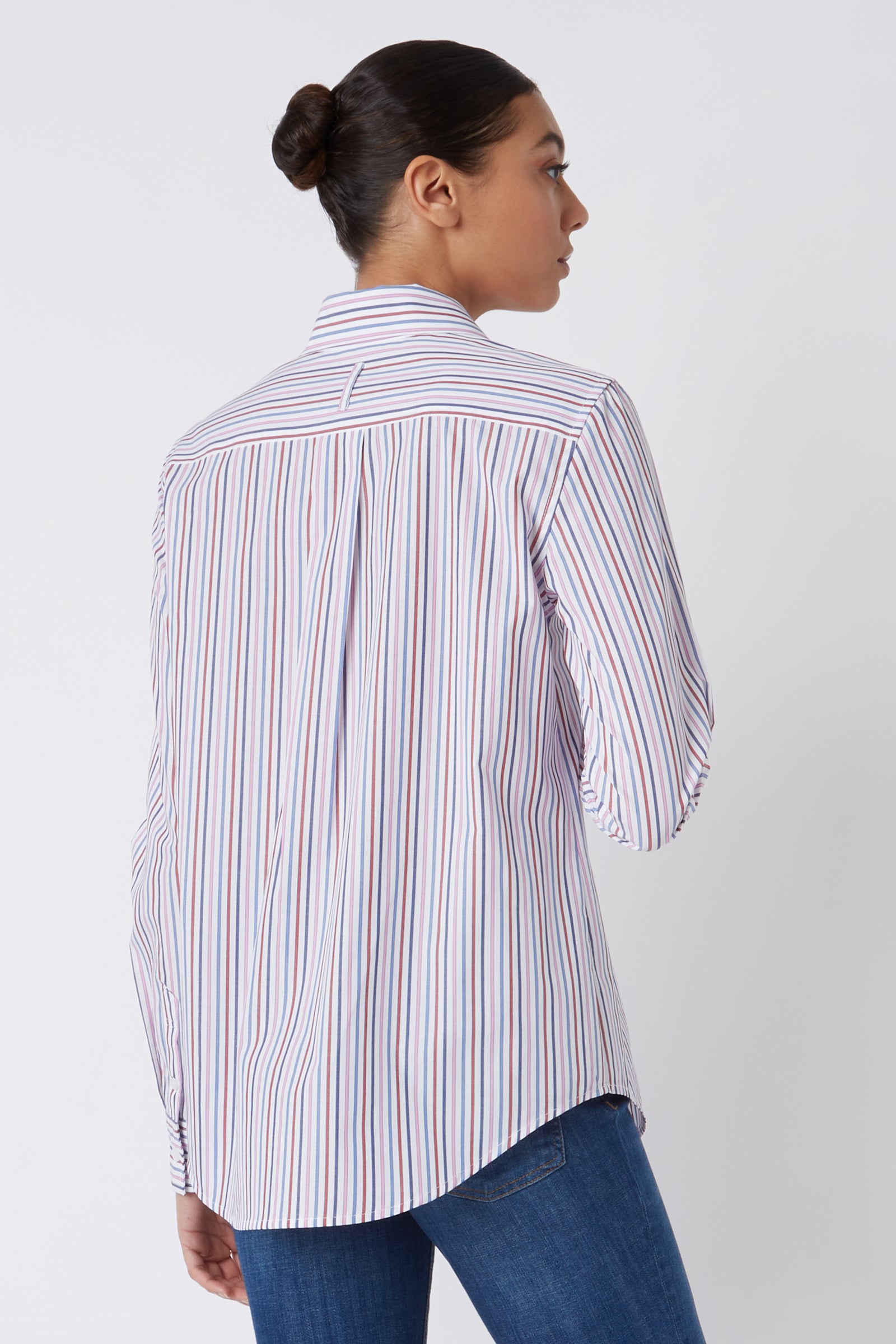 kal rieman ginna box pleat tailored shirting in cotton multi stripe pink on model back view crop