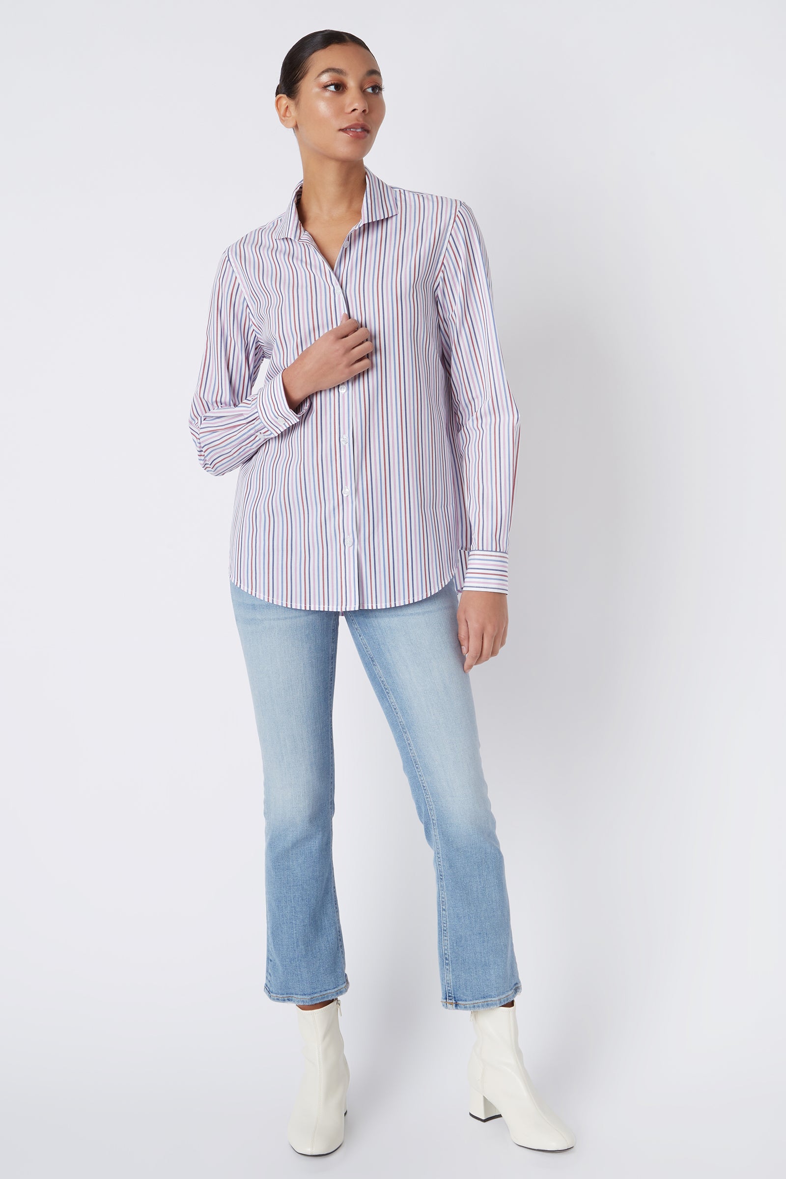 kal rieman ginna box pleat tailored shirting in cotton multi stripe pink on model front view full