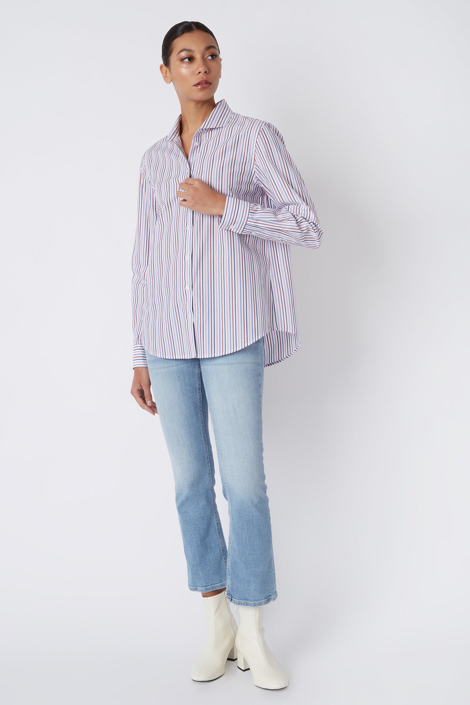 kal rieman ginna box pleat tailored shirting in cotton multi stripe pink on model front view full