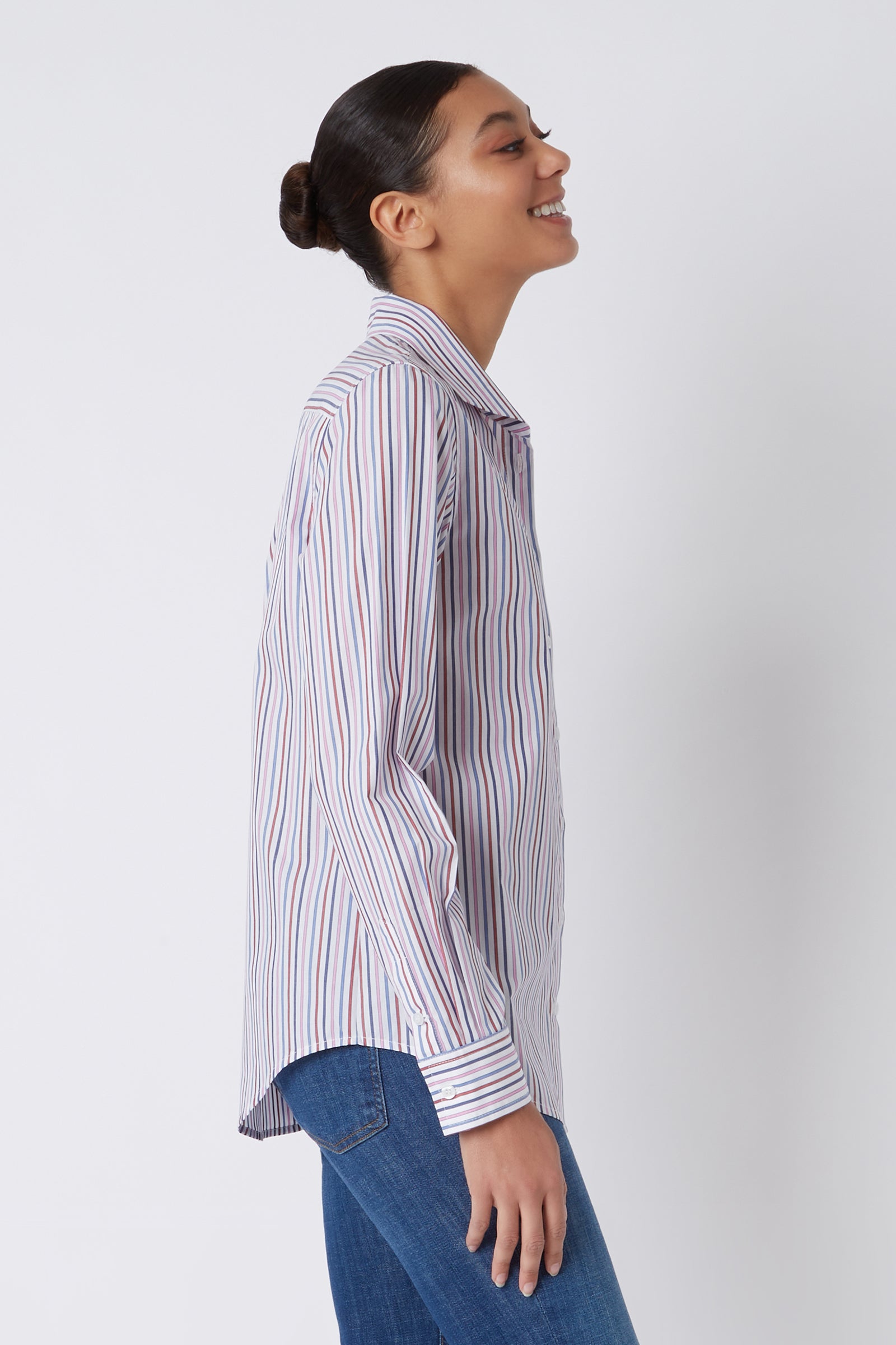 kal rieman ginna box pleat tailored shirting in cotton multi stripe pink on model side view crop