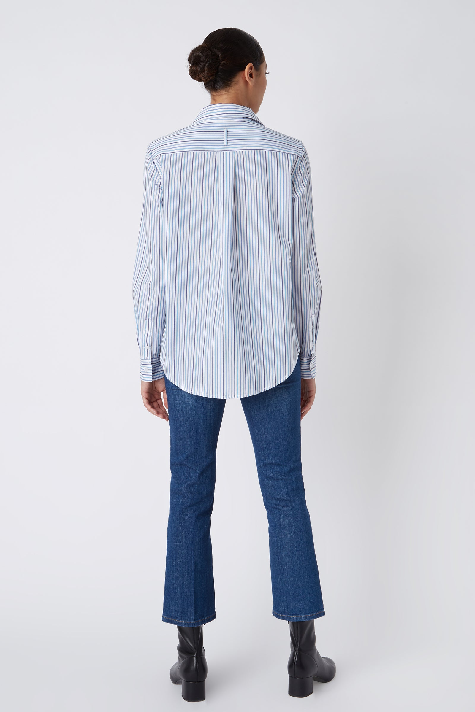 Kal Rieman Ginna Box Pleat Shirt in Multi Stripe Navy on Model Looking Right Cropped Front View