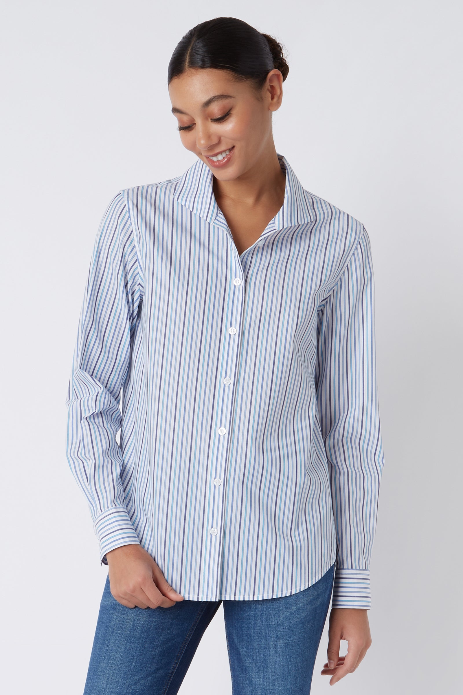 Kal Rieman Ginna Box Pleat Shirt in Multi Stripe Navy on Model Looking Down Cropped Front View