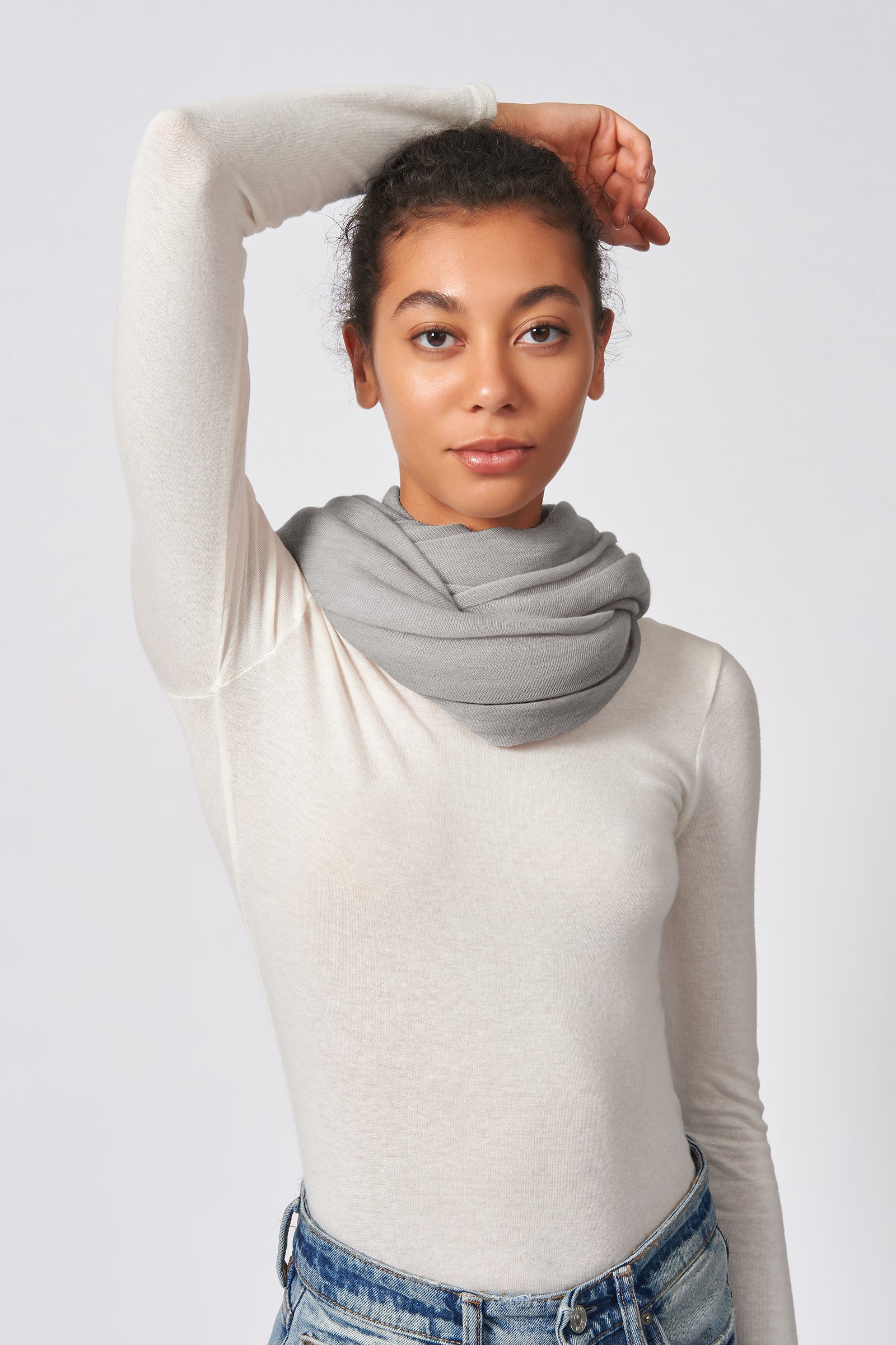 Kal Rieman circle scarf in heather grey on model front view