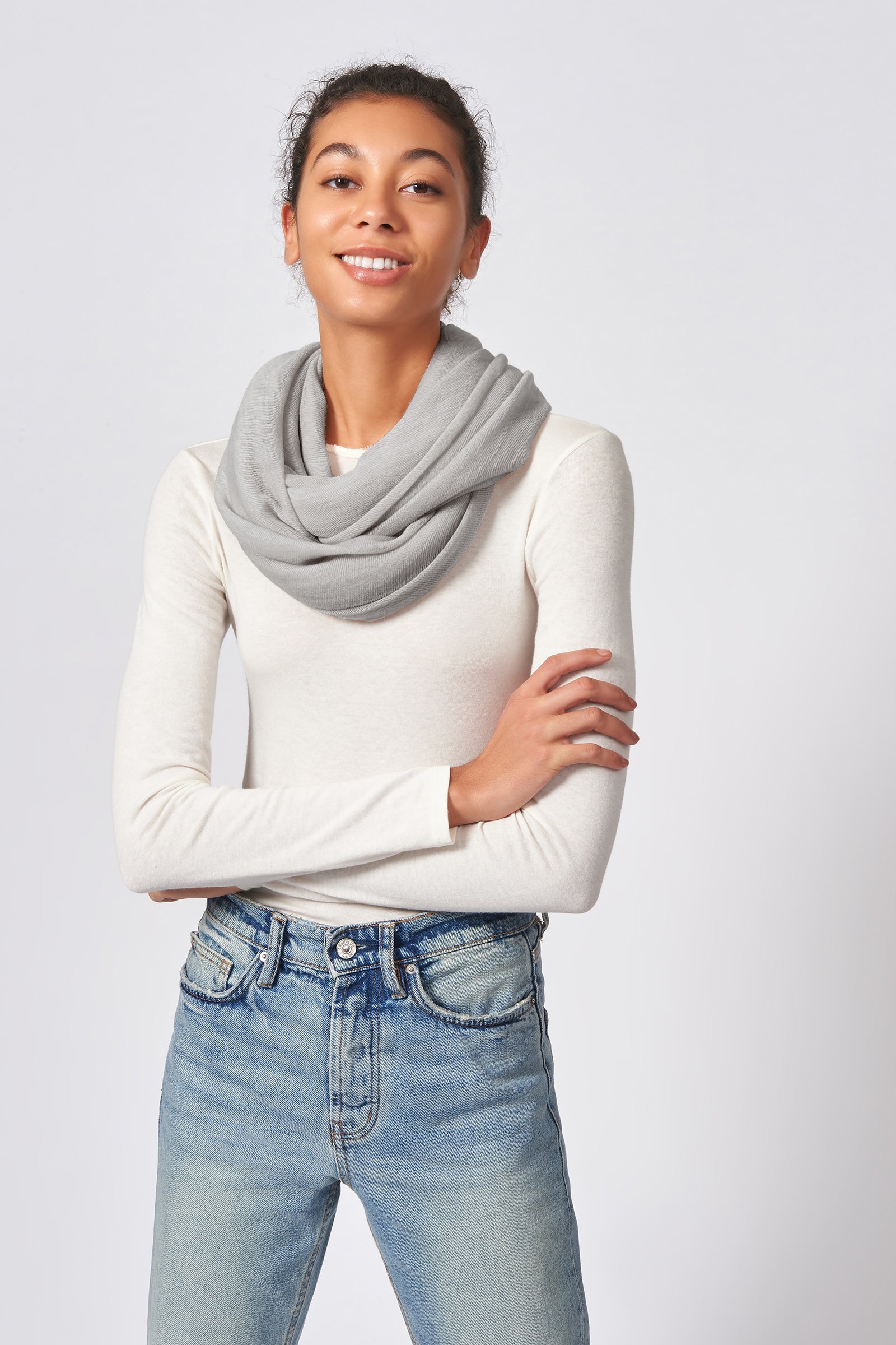 Kal Rieman circle scarf in heather grey on model front view